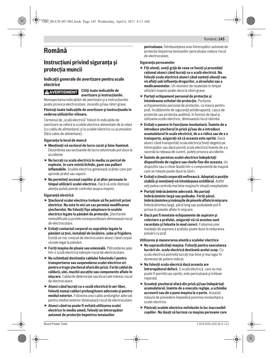 Română, Instrucţiuni privind siguranţa şi protecţia muncii | Bosch GSR 36 V-LI Professional User Manual | Page 145 / 217