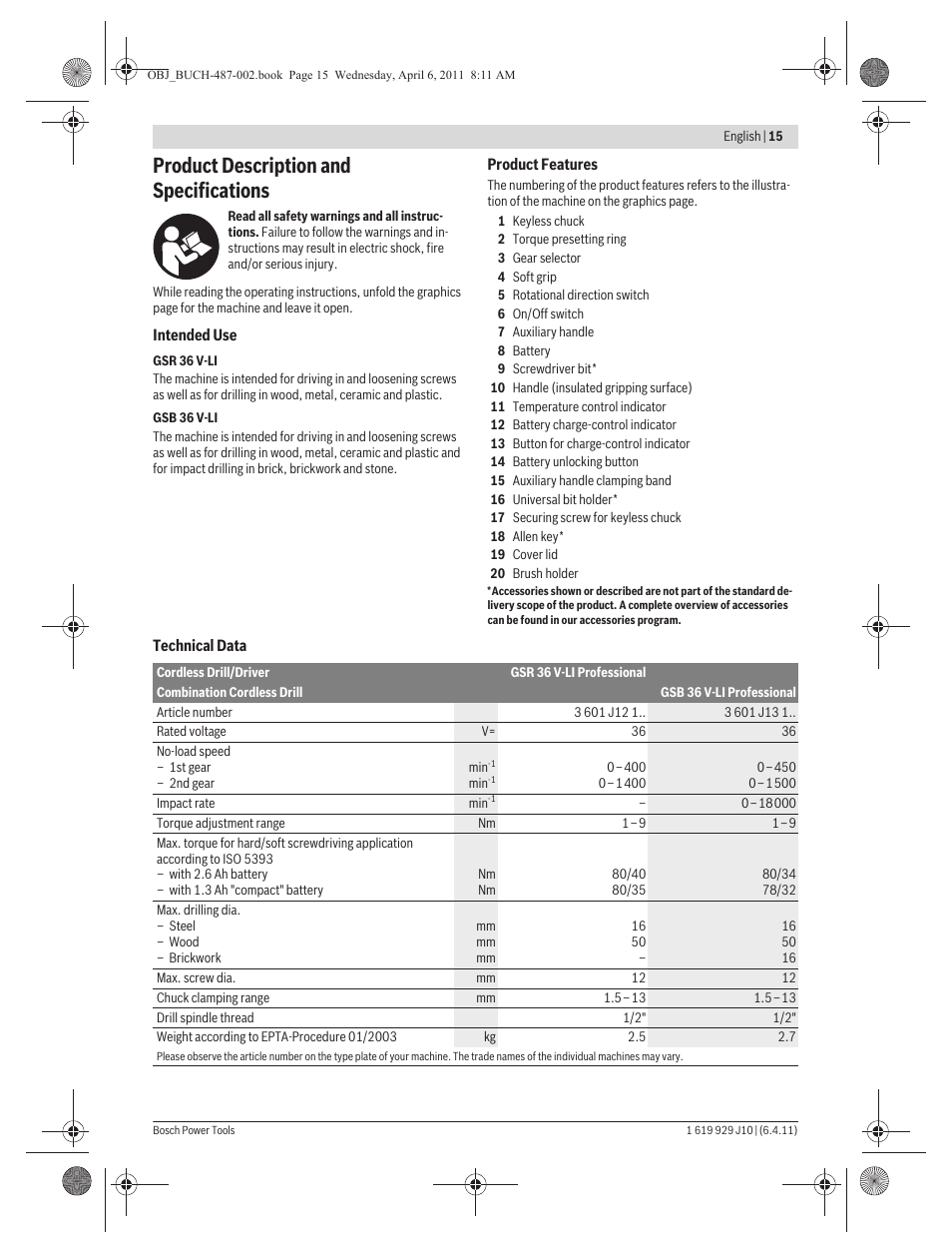 Product description and specifications | Bosch GSR 36 V-LI Professional User Manual | Page 15 / 217