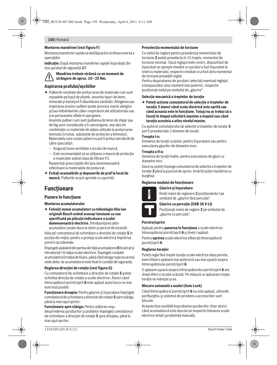 Funcţionare | Bosch GSR 36 V-LI Professional User Manual | Page 150 / 217