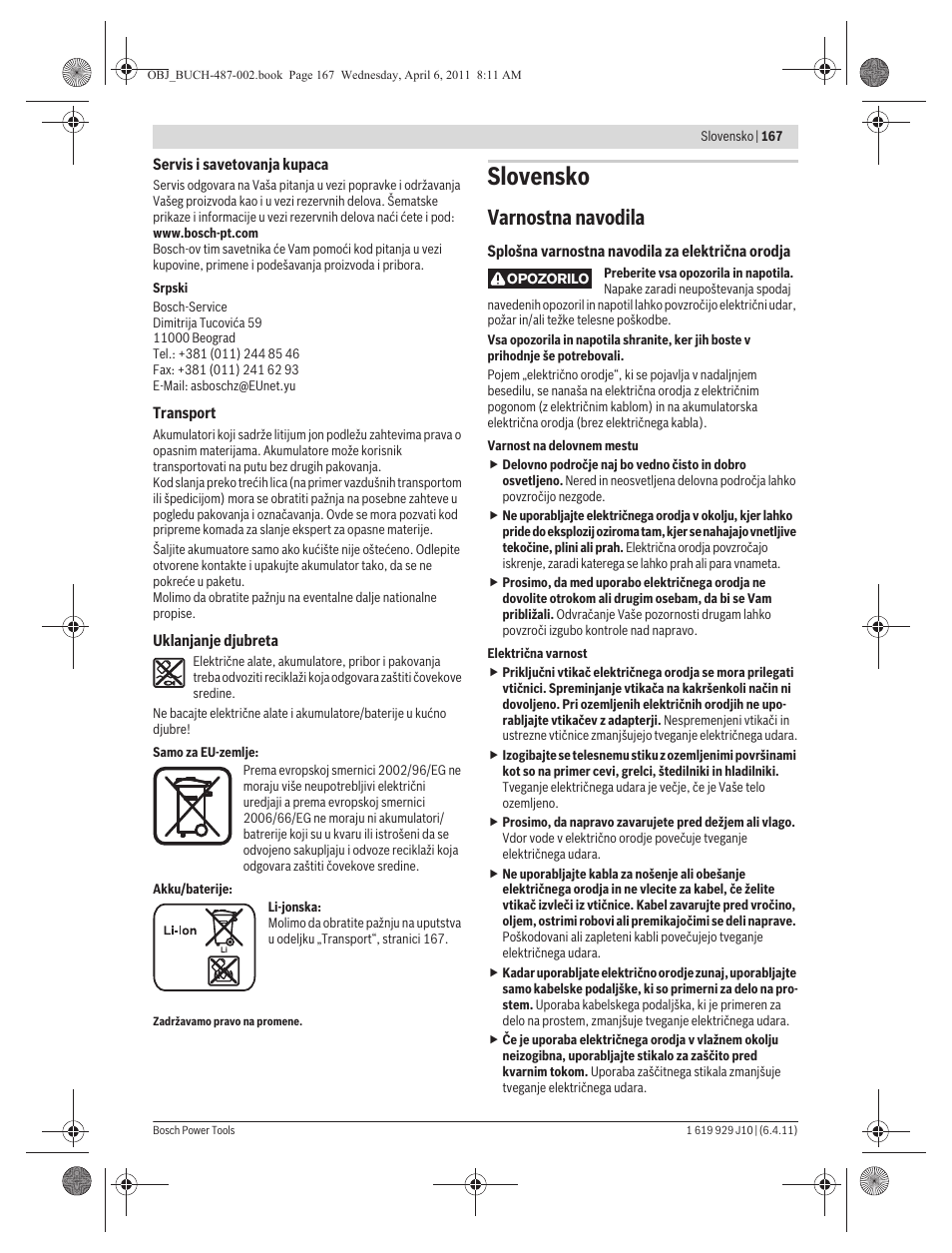 Slovensko, Varnostna navodila | Bosch GSR 36 V-LI Professional User Manual | Page 167 / 217
