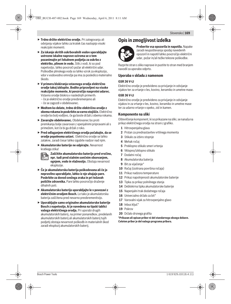 Opis in zmogljivost izdelka | Bosch GSR 36 V-LI Professional User Manual | Page 169 / 217