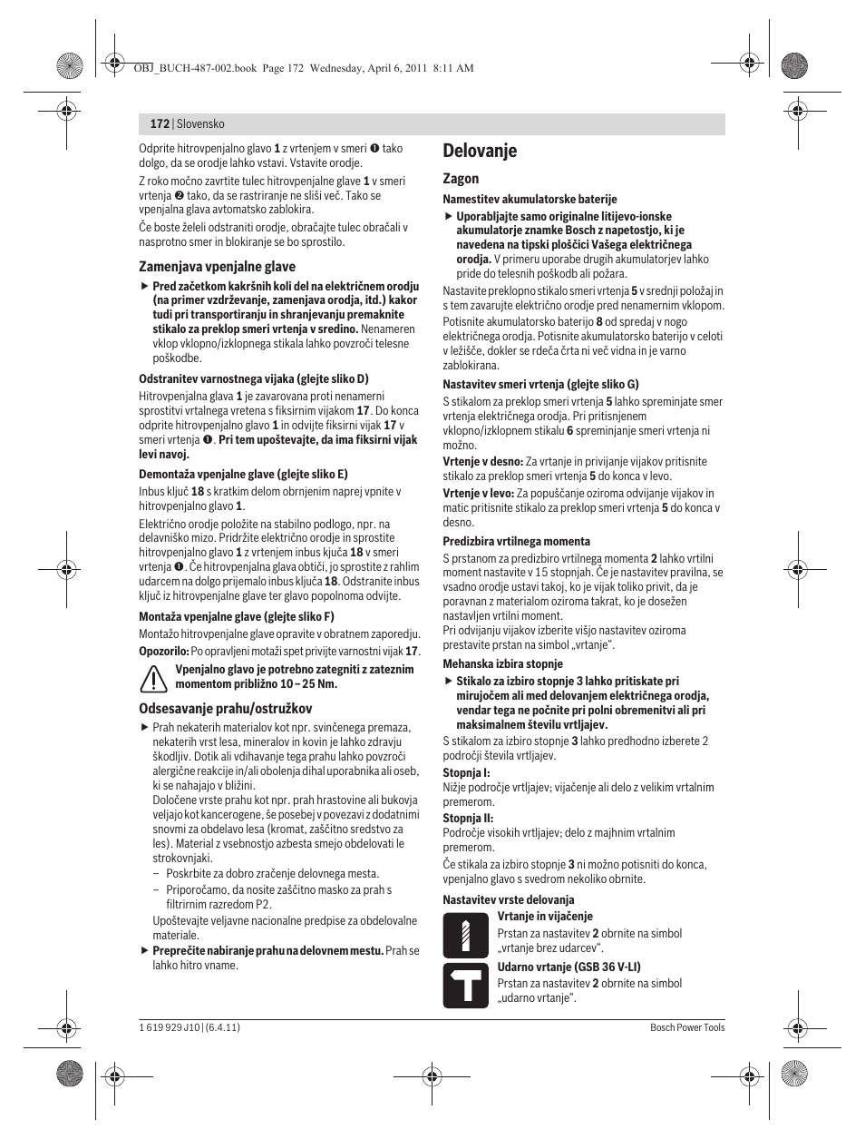 Delovanje | Bosch GSR 36 V-LI Professional User Manual | Page 172 / 217