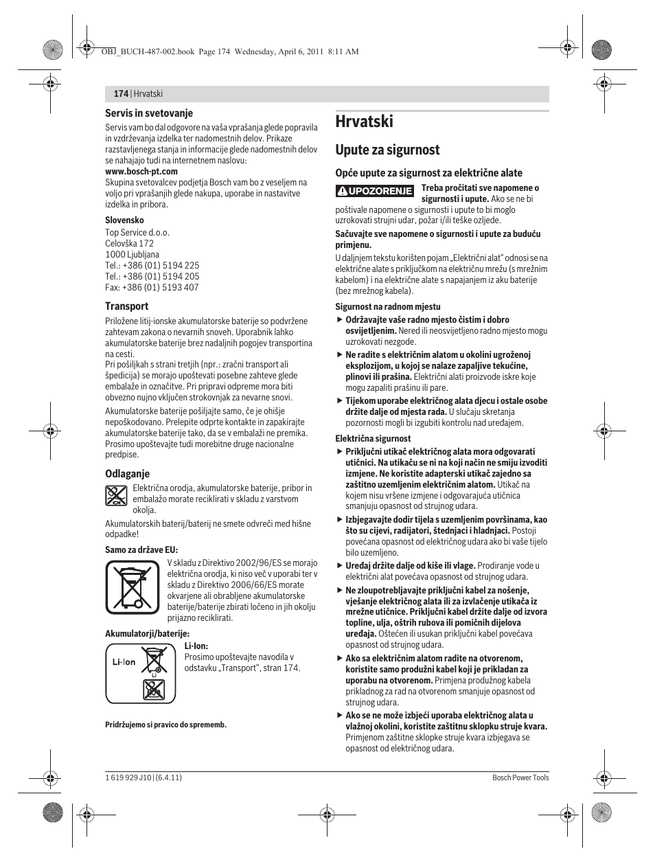 Hrvatski, Upute za sigurnost | Bosch GSR 36 V-LI Professional User Manual | Page 174 / 217