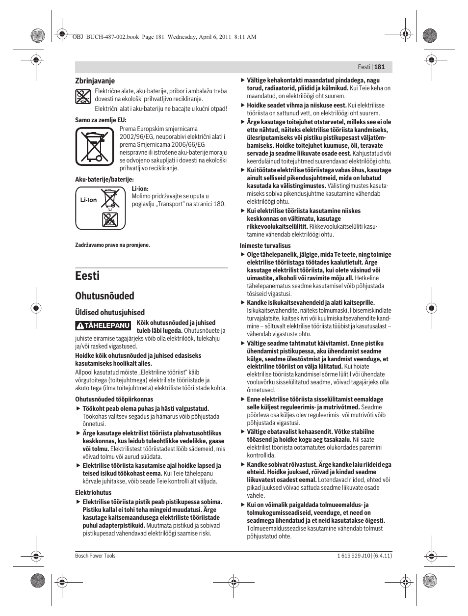 Eesti, Ohutusnõuded | Bosch GSR 36 V-LI Professional User Manual | Page 181 / 217