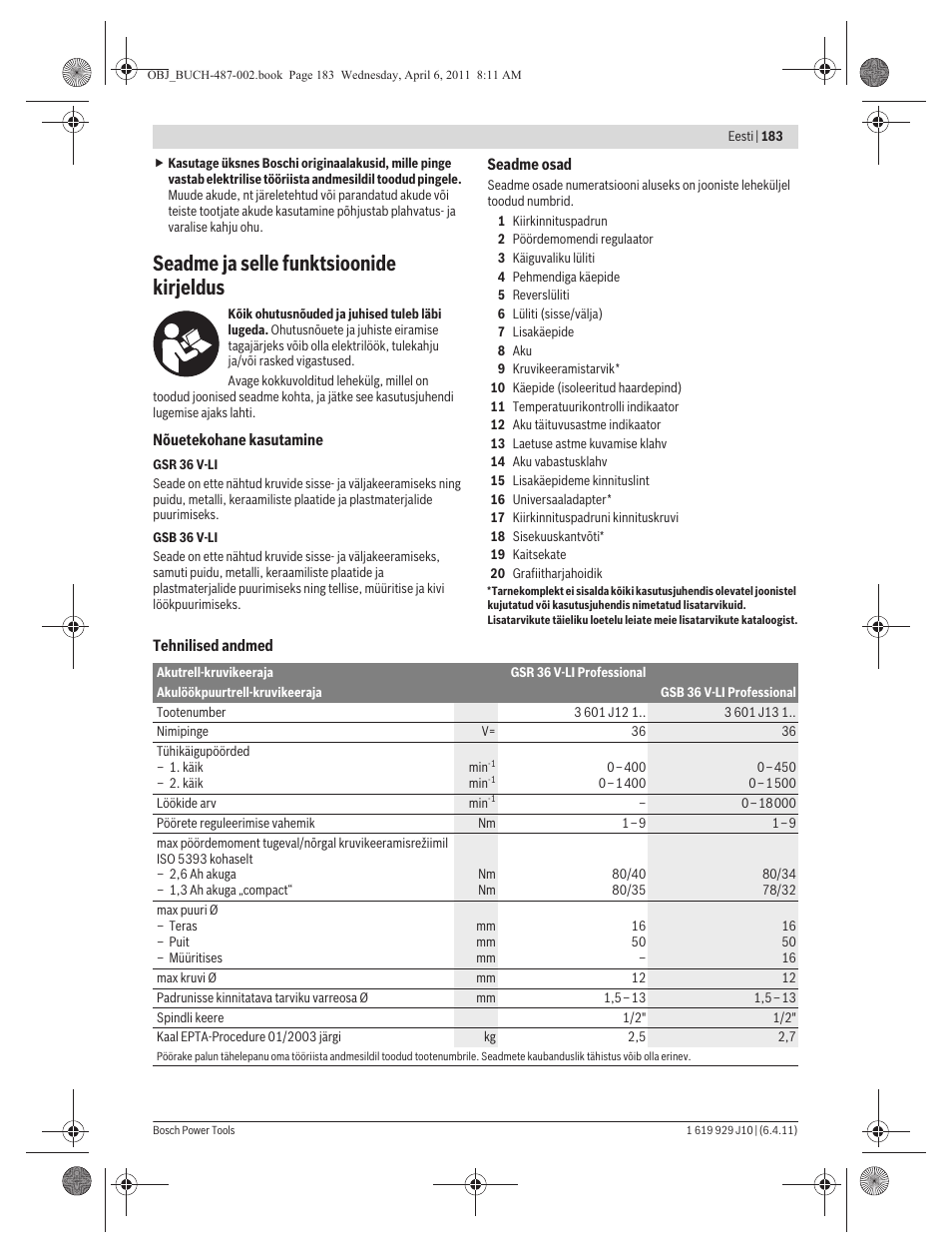 Seadme ja selle funktsioonide kirjeldus | Bosch GSR 36 V-LI Professional User Manual | Page 183 / 217