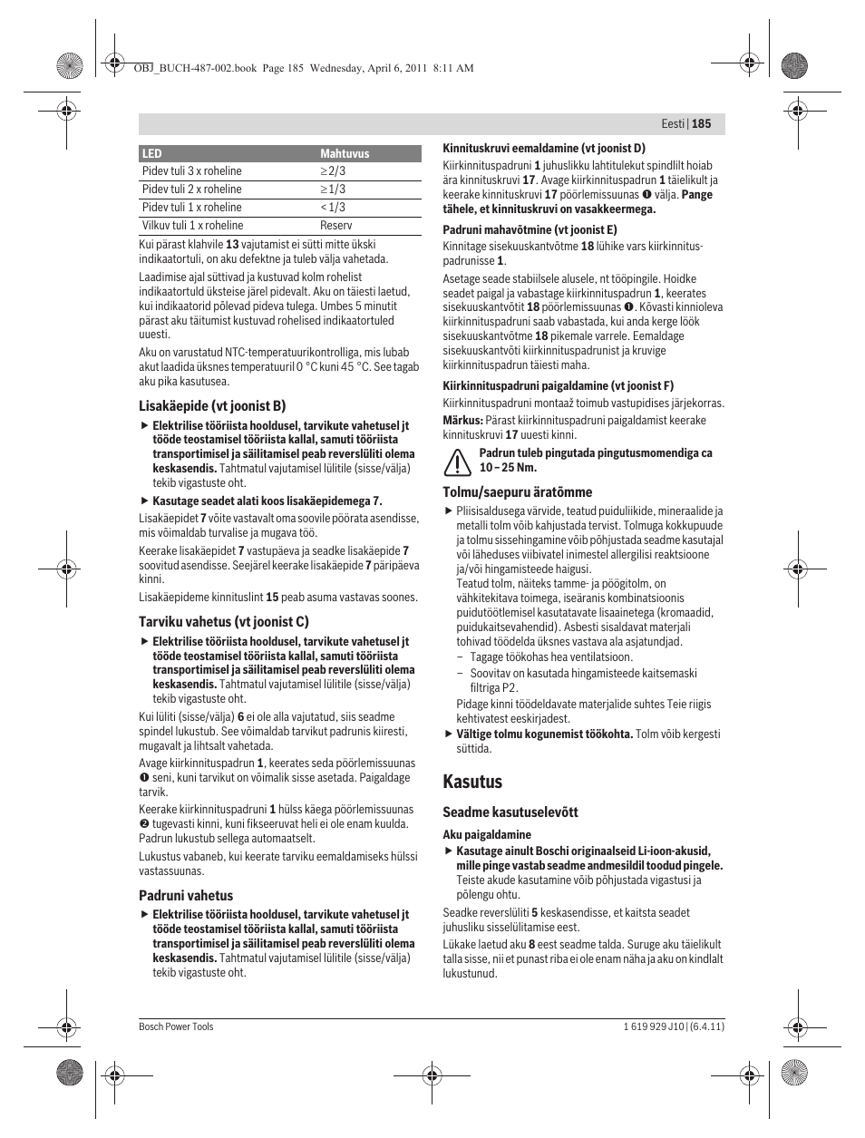 Kasutus | Bosch GSR 36 V-LI Professional User Manual | Page 185 / 217