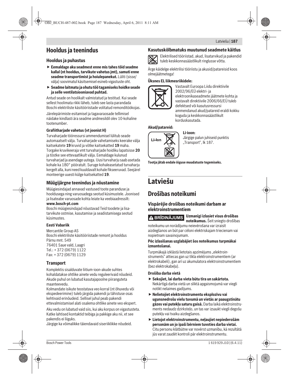 Latviešu, Hooldus ja teenindus | Bosch GSR 36 V-LI Professional User Manual | Page 187 / 217