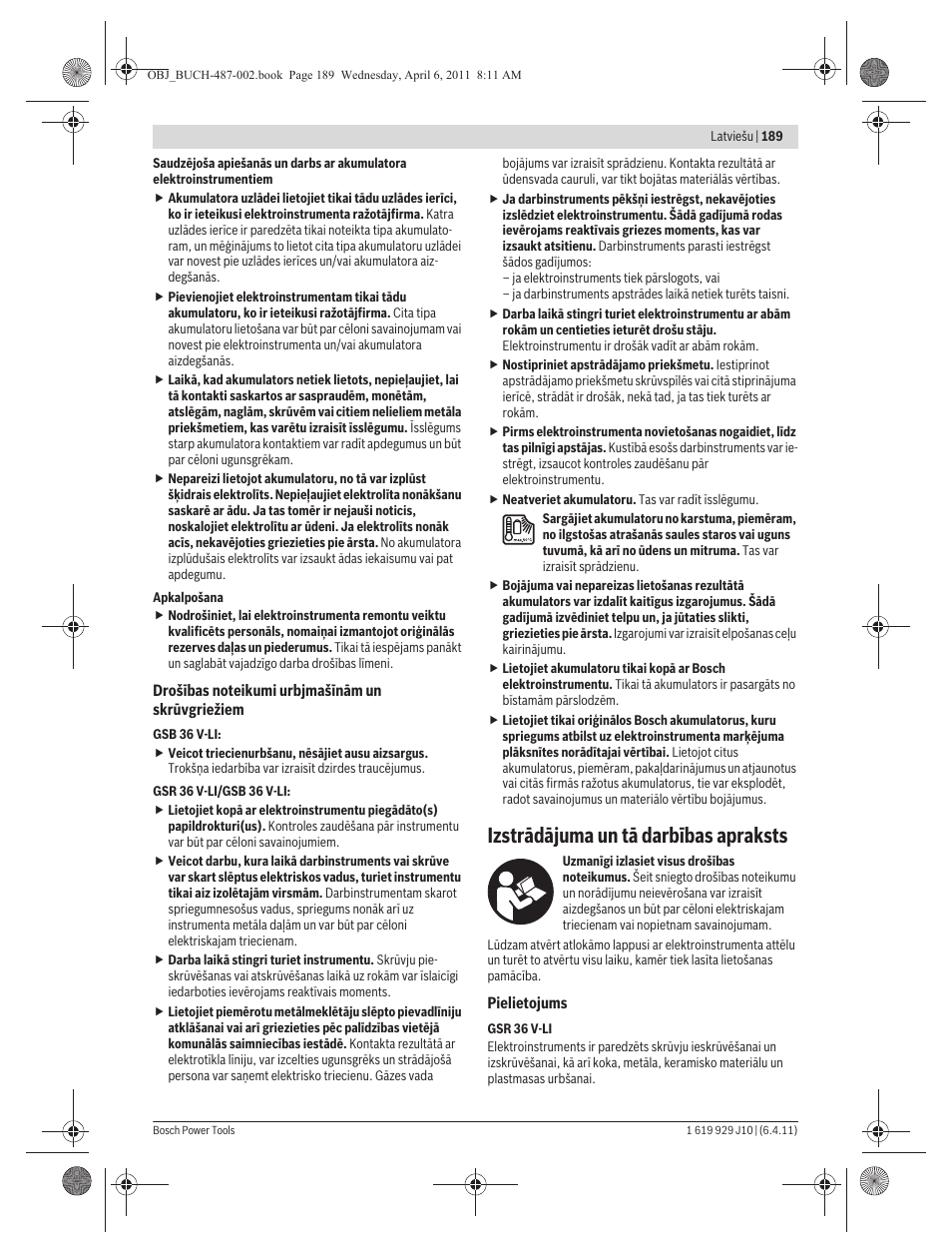 Izstrādājuma un tā darbības apraksts | Bosch GSR 36 V-LI Professional User Manual | Page 189 / 217