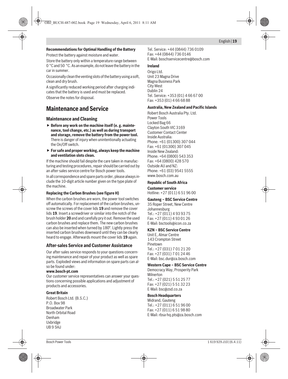 Maintenance and service | Bosch GSR 36 V-LI Professional User Manual | Page 19 / 217