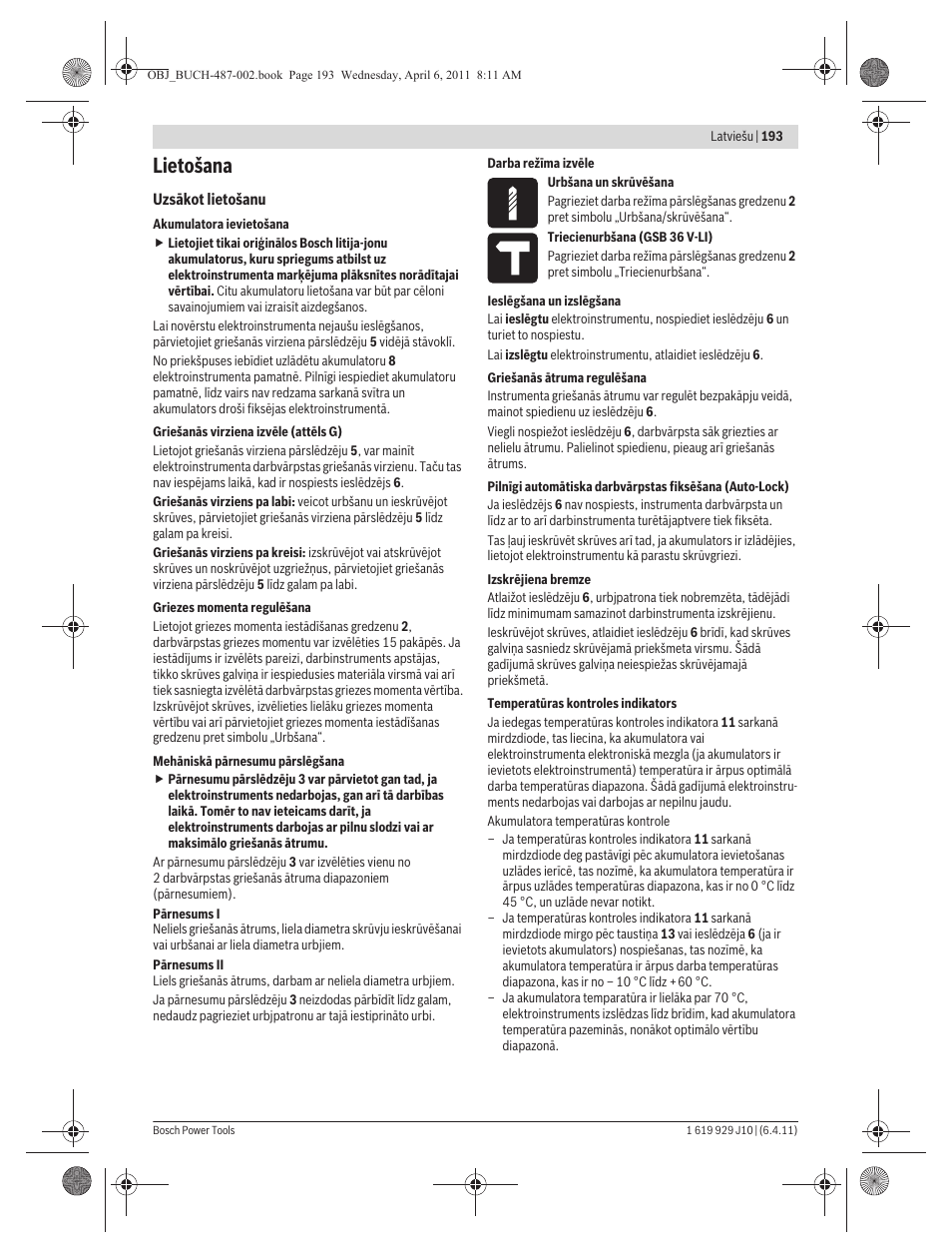 Lietošana | Bosch GSR 36 V-LI Professional User Manual | Page 193 / 217