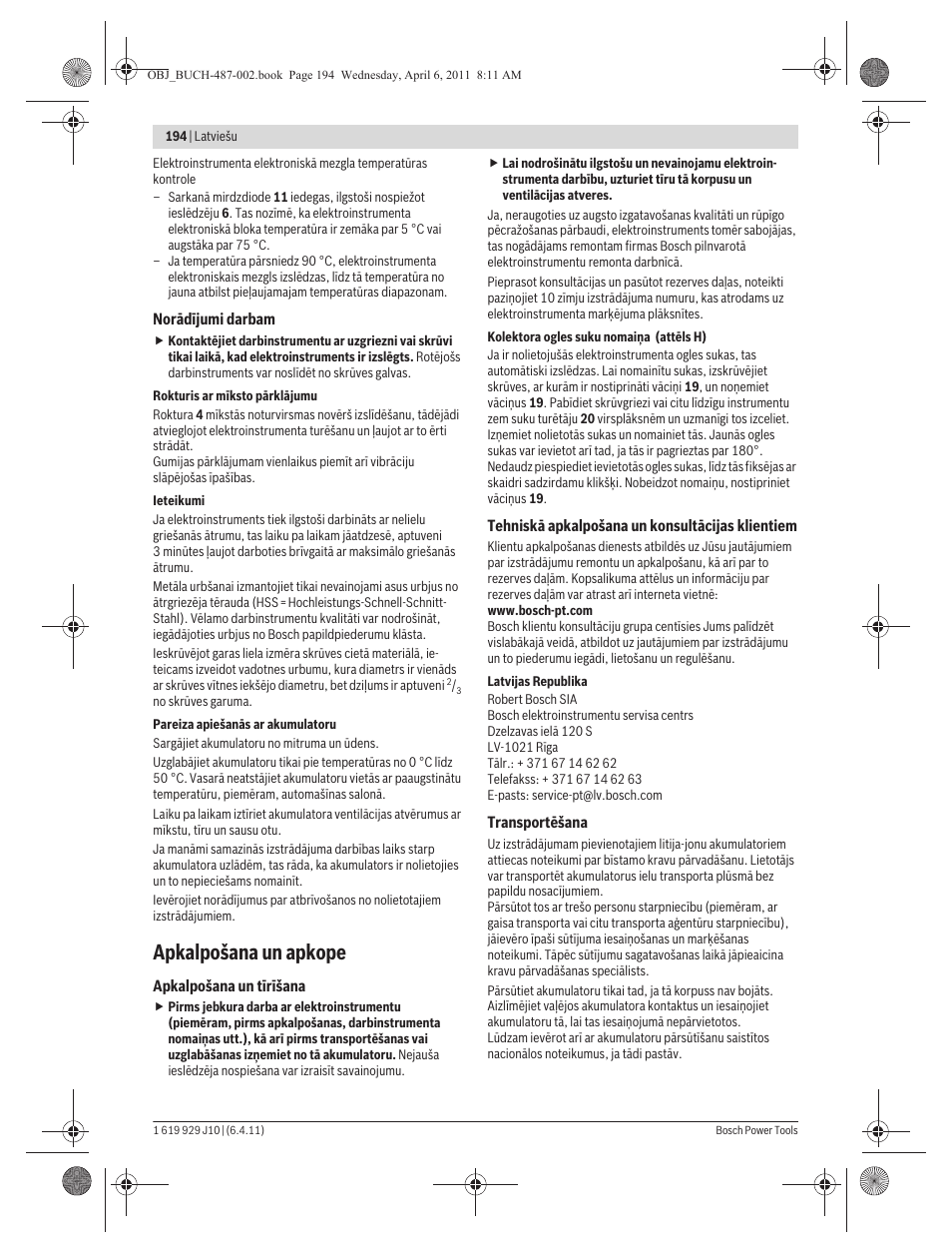 Apkalpošana un apkope | Bosch GSR 36 V-LI Professional User Manual | Page 194 / 217