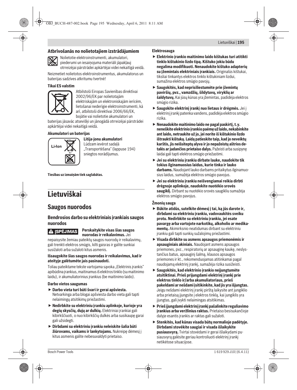 Lietuviškai, Saugos nuorodos | Bosch GSR 36 V-LI Professional User Manual | Page 195 / 217