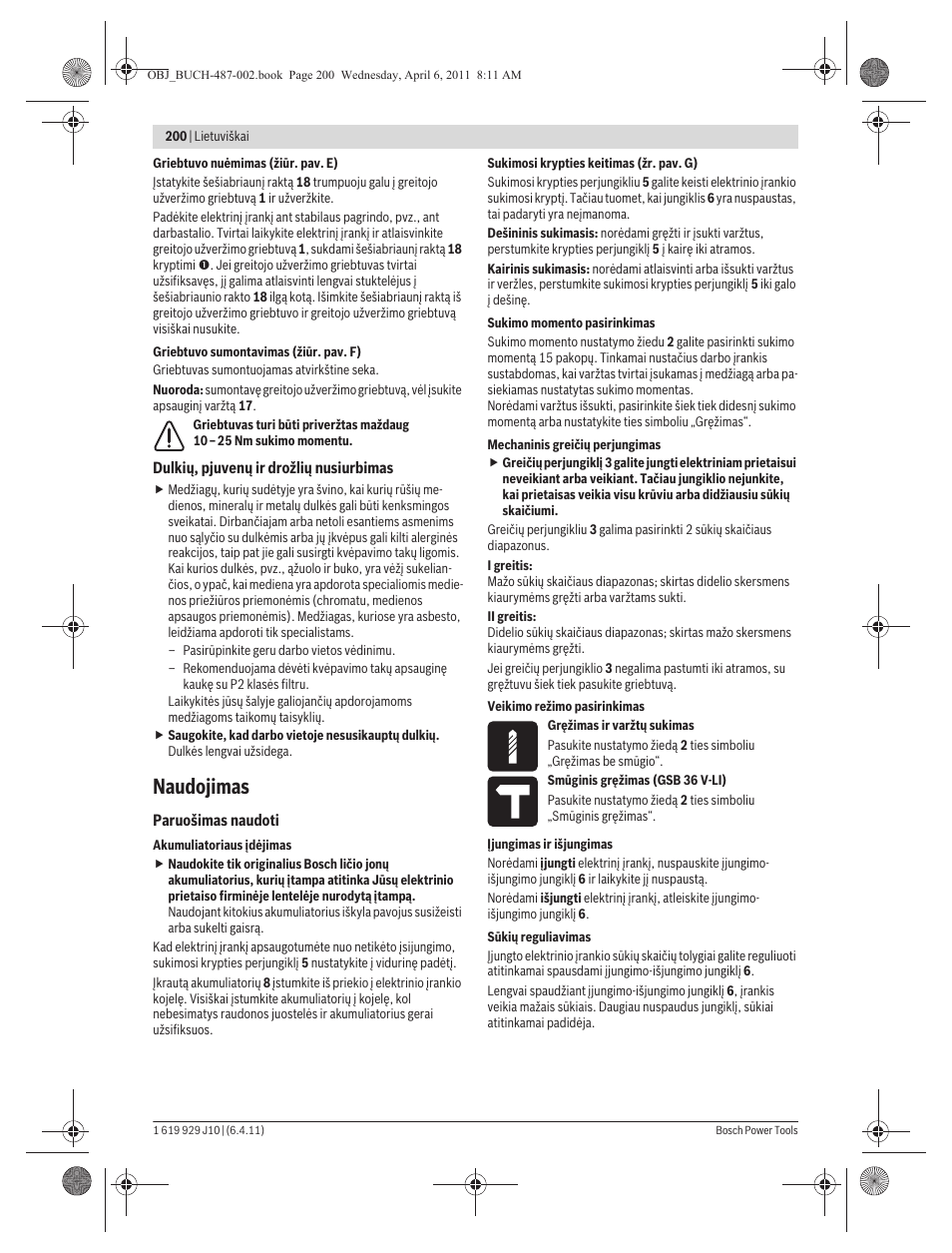 Naudojimas | Bosch GSR 36 V-LI Professional User Manual | Page 200 / 217
