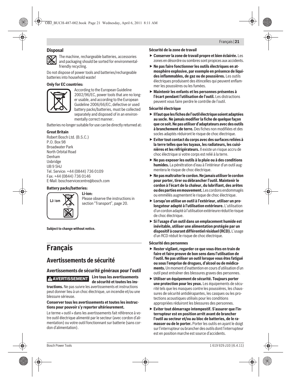 Français, Avertissements de sécurité | Bosch GSR 36 V-LI Professional User Manual | Page 21 / 217