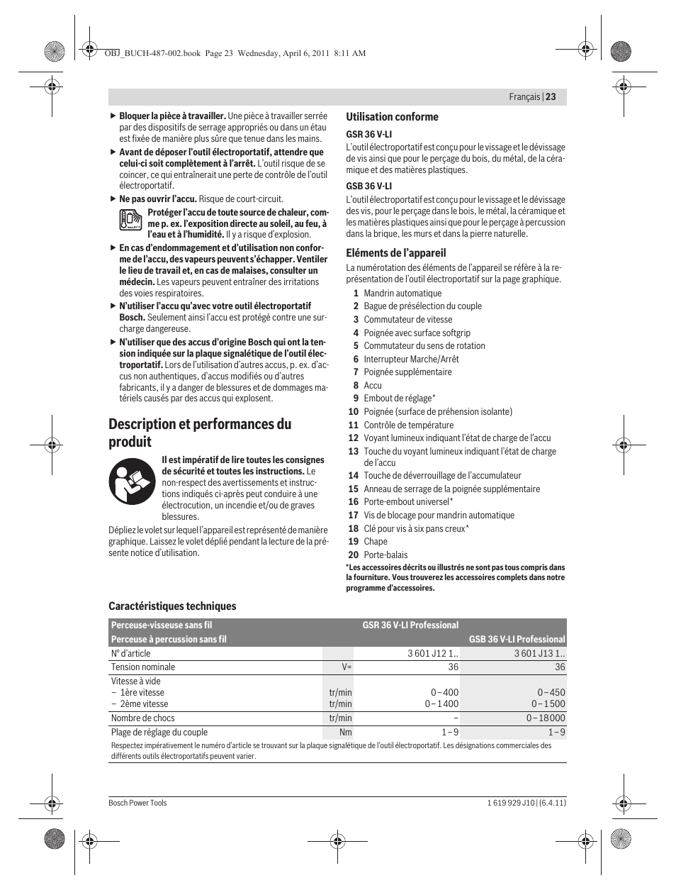 Description et performances du produit | Bosch GSR 36 V-LI Professional User Manual | Page 23 / 217