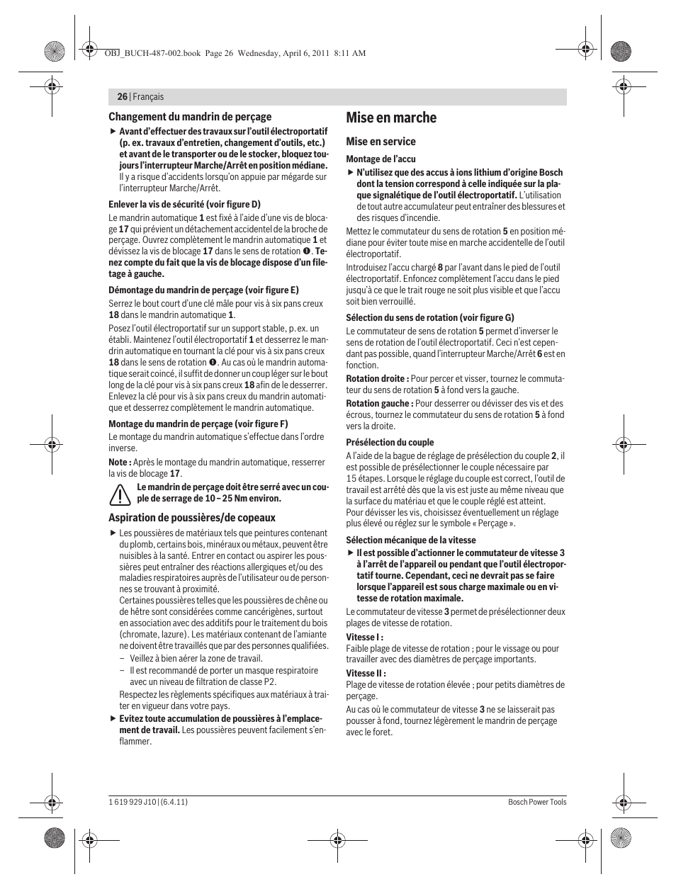 Mise en marche | Bosch GSR 36 V-LI Professional User Manual | Page 26 / 217