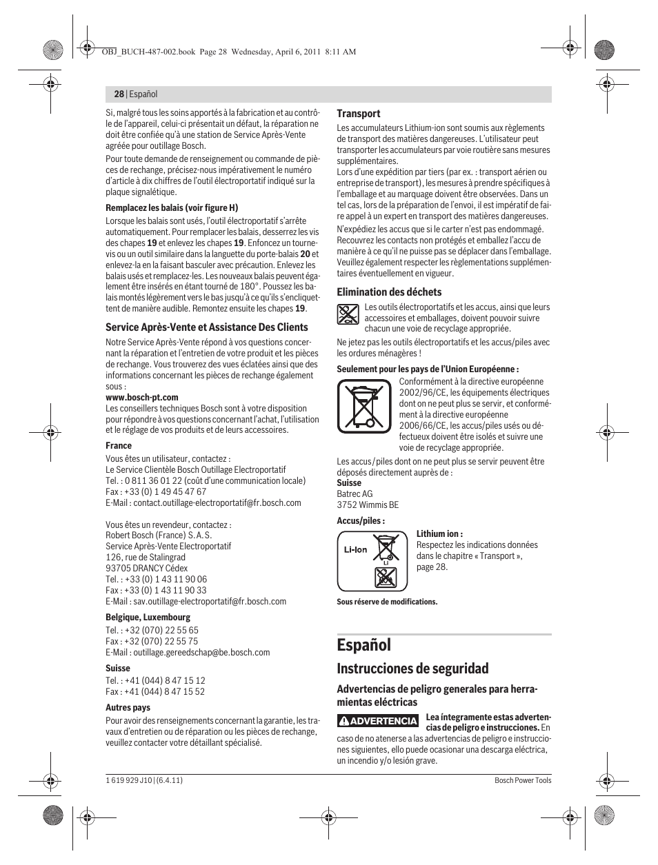 Español, Instrucciones de seguridad | Bosch GSR 36 V-LI Professional User Manual | Page 28 / 217