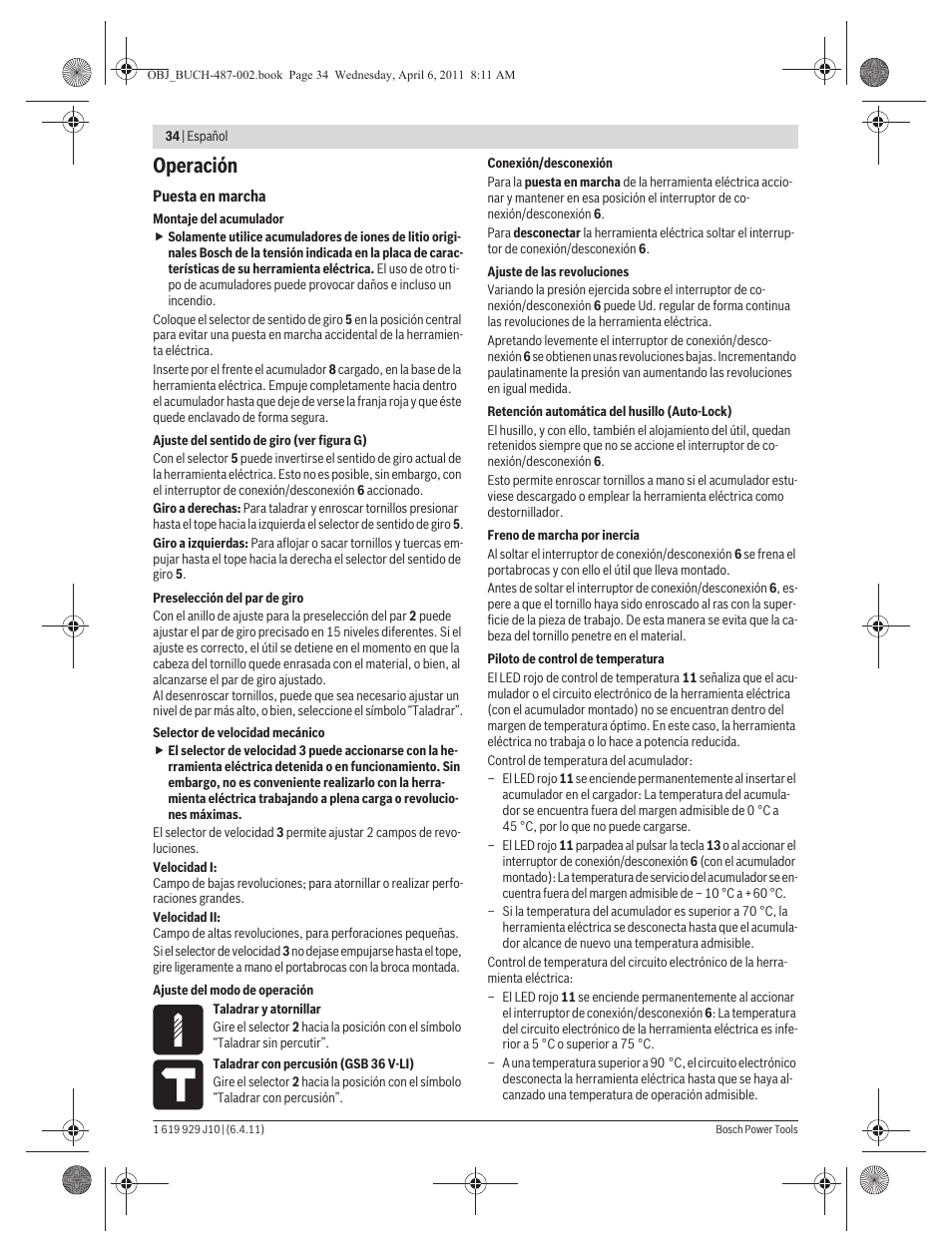 Operación | Bosch GSR 36 V-LI Professional User Manual | Page 34 / 217