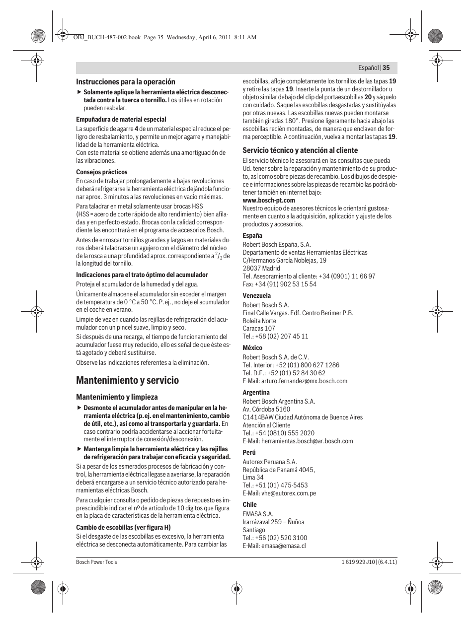 Mantenimiento y servicio | Bosch GSR 36 V-LI Professional User Manual | Page 35 / 217
