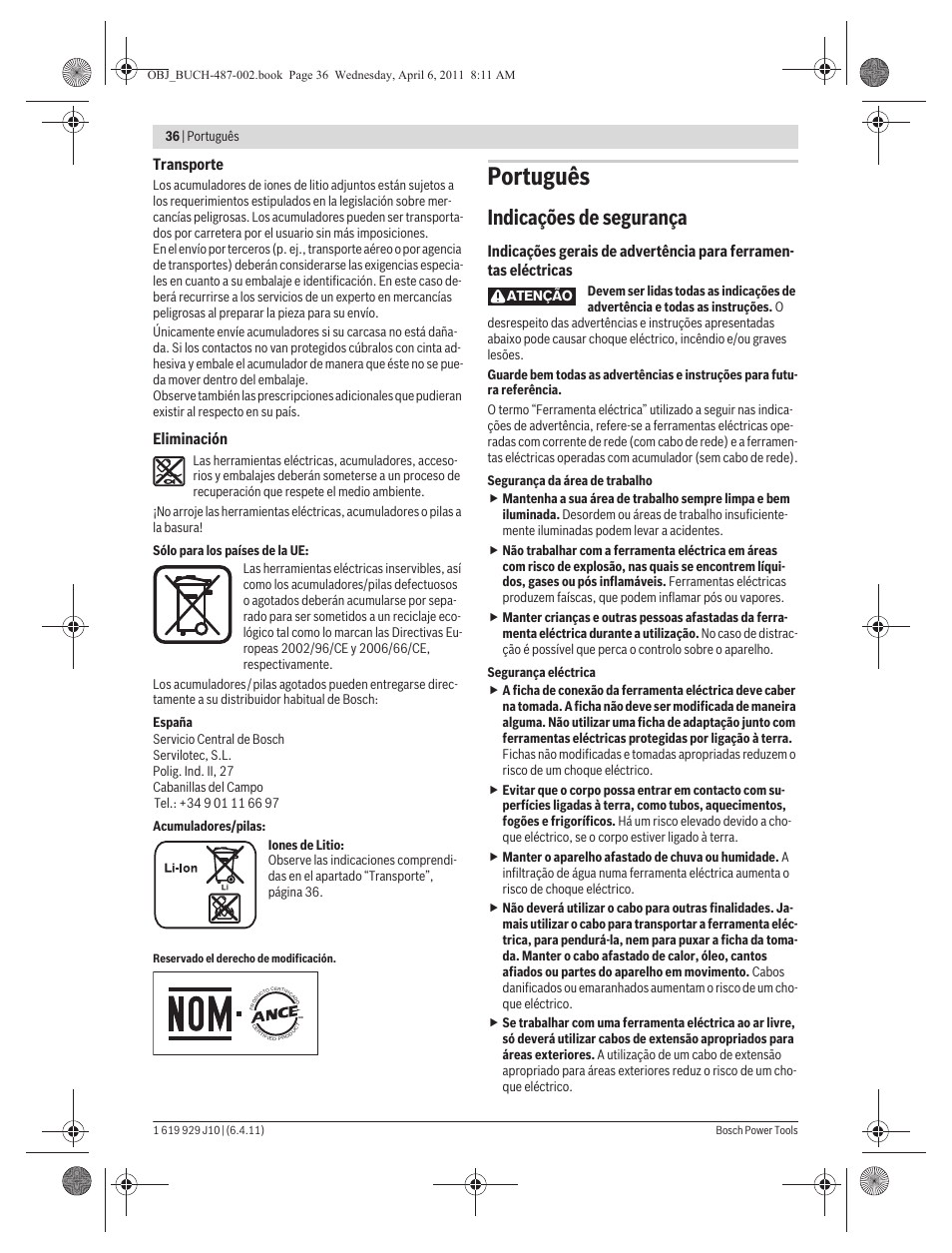 Português, Indicações de segurança | Bosch GSR 36 V-LI Professional User Manual | Page 36 / 217