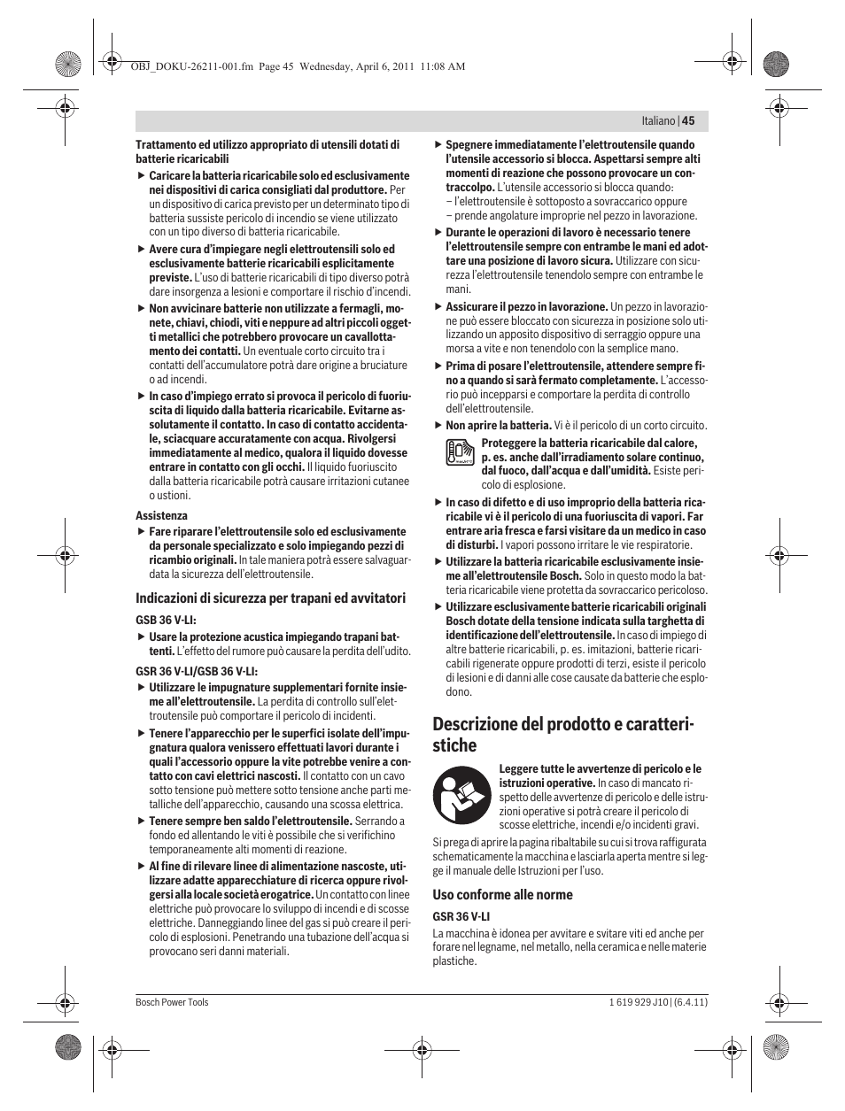 Descrizione del prodotto e caratteri- stiche | Bosch GSR 36 V-LI Professional User Manual | Page 45 / 217