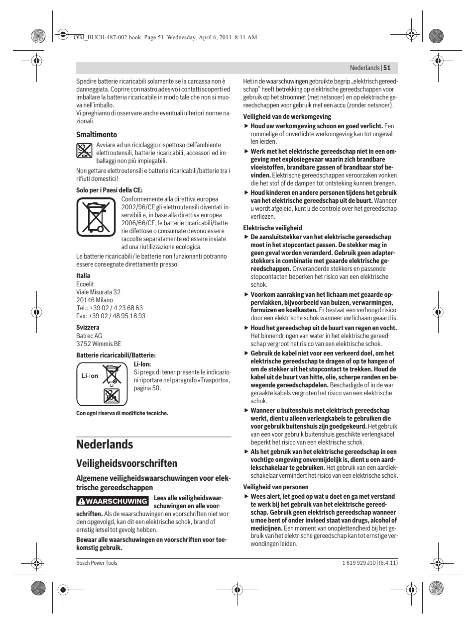 Nederlands, Veiligheidsvoorschriften | Bosch GSR 36 V-LI Professional User Manual | Page 51 / 217