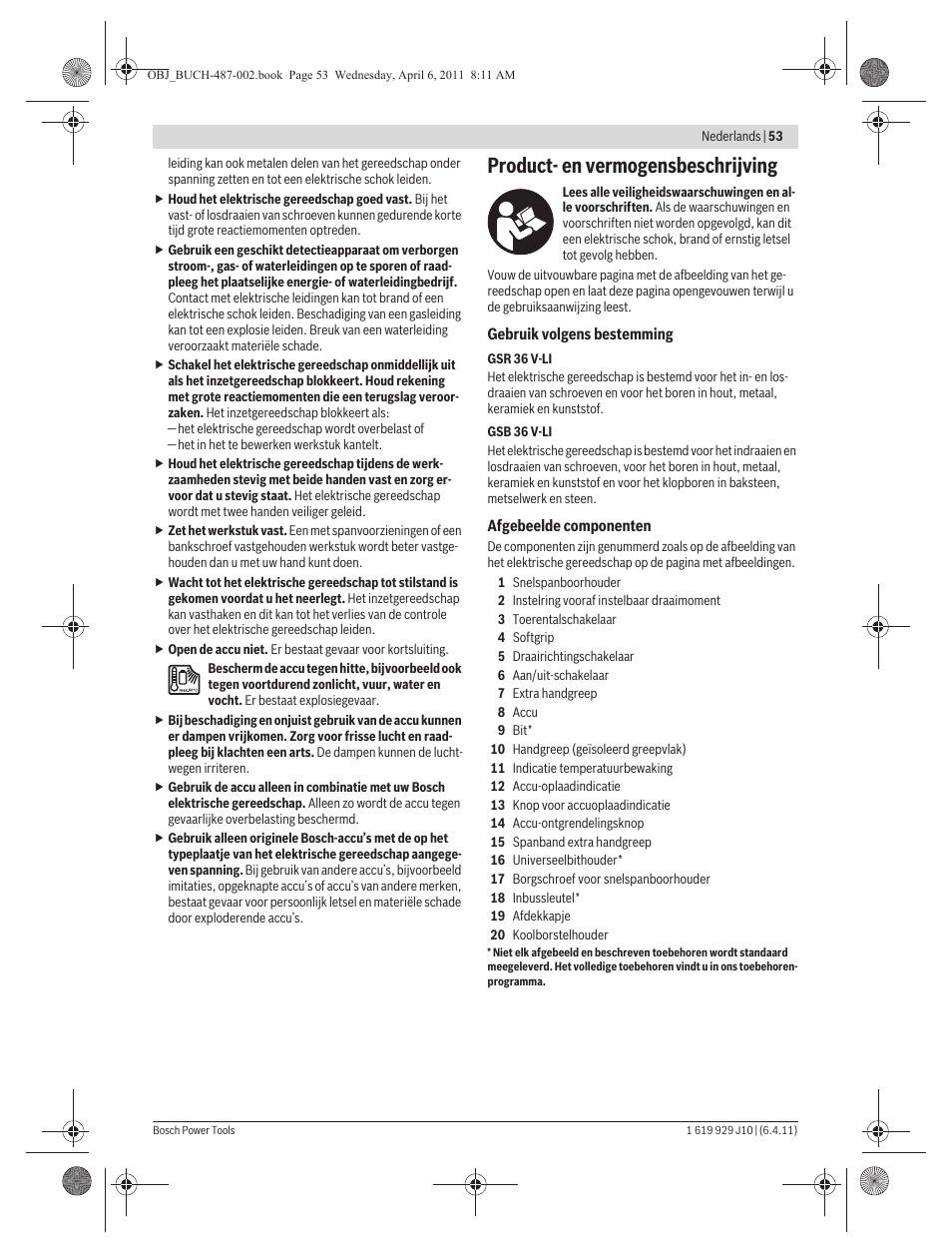 Product- en vermogensbeschrijving | Bosch GSR 36 V-LI Professional User Manual | Page 53 / 217