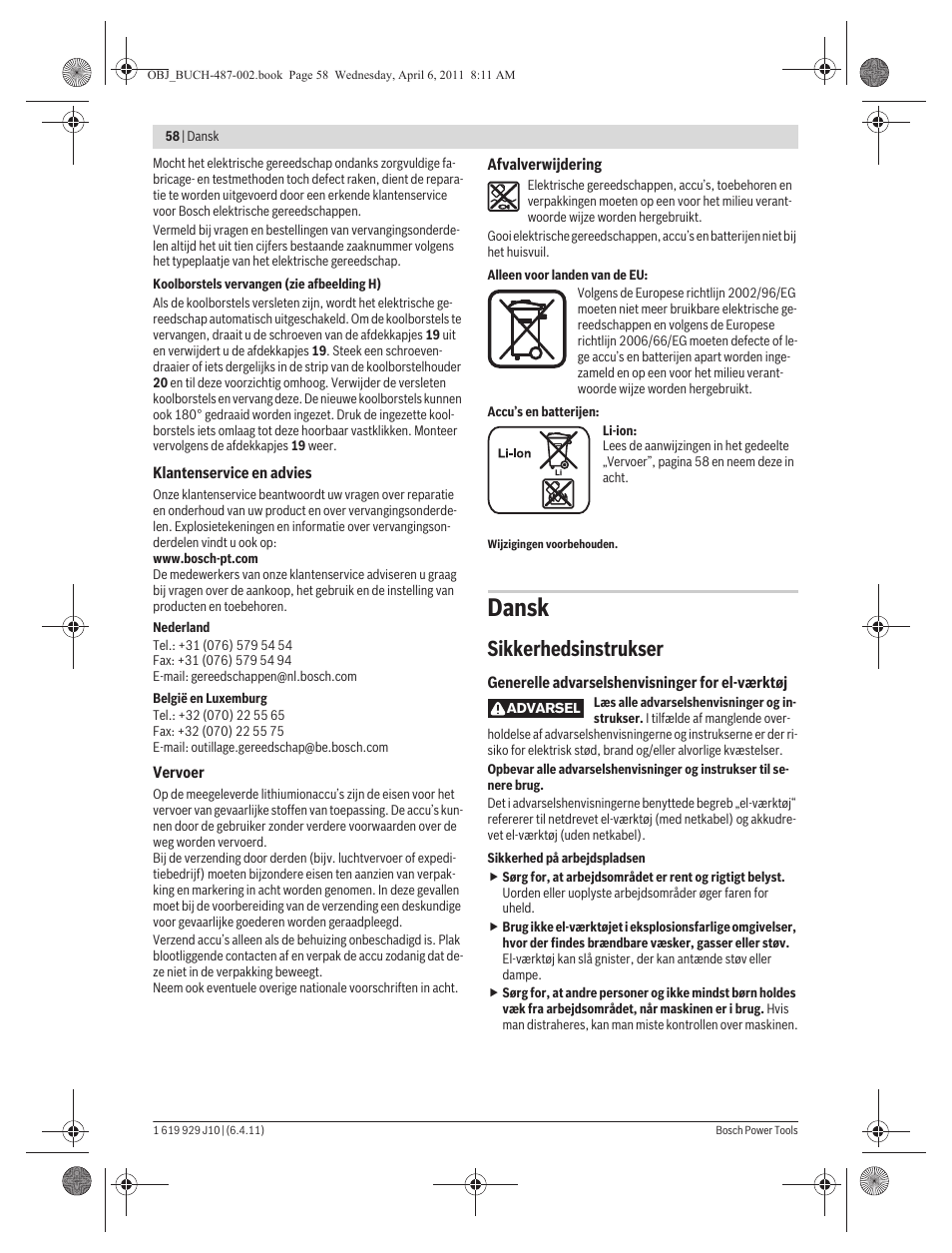 Dansk, Sikkerhedsinstrukser | Bosch GSR 36 V-LI Professional User Manual | Page 58 / 217