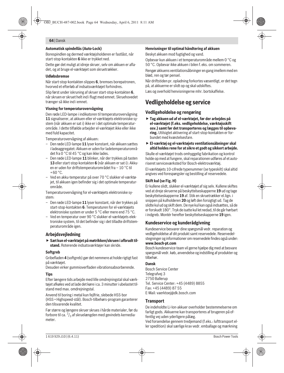 Vedligeholdelse og service | Bosch GSR 36 V-LI Professional User Manual | Page 64 / 217