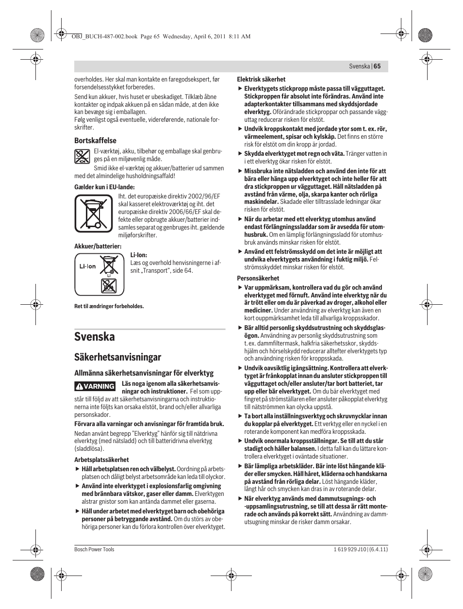 Svenska, Säkerhetsanvisningar | Bosch GSR 36 V-LI Professional User Manual | Page 65 / 217