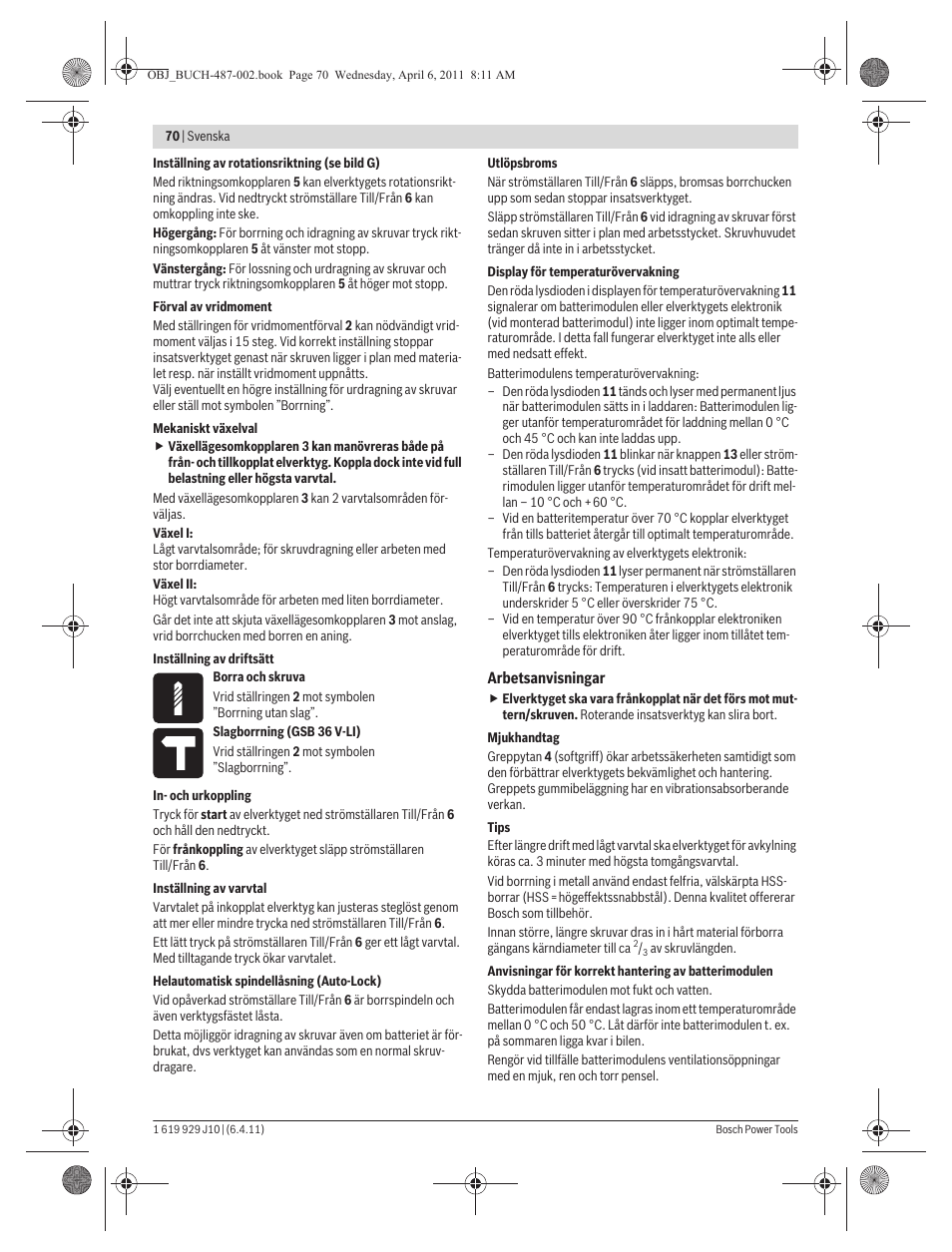 Bosch GSR 36 V-LI Professional User Manual | Page 70 / 217
