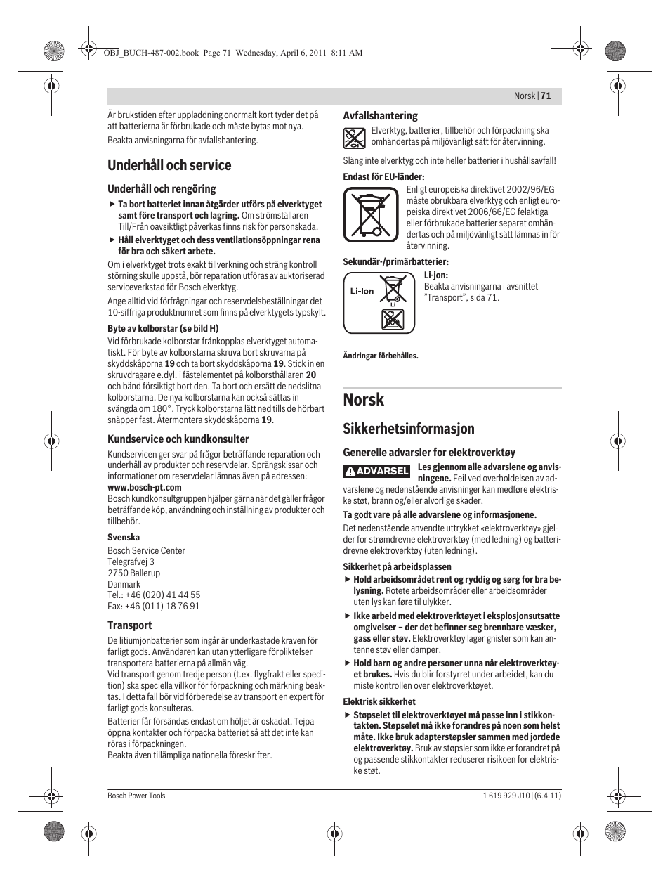 Norsk, Underhåll och service, Sikkerhetsinformasjon | Bosch GSR 36 V-LI Professional User Manual | Page 71 / 217