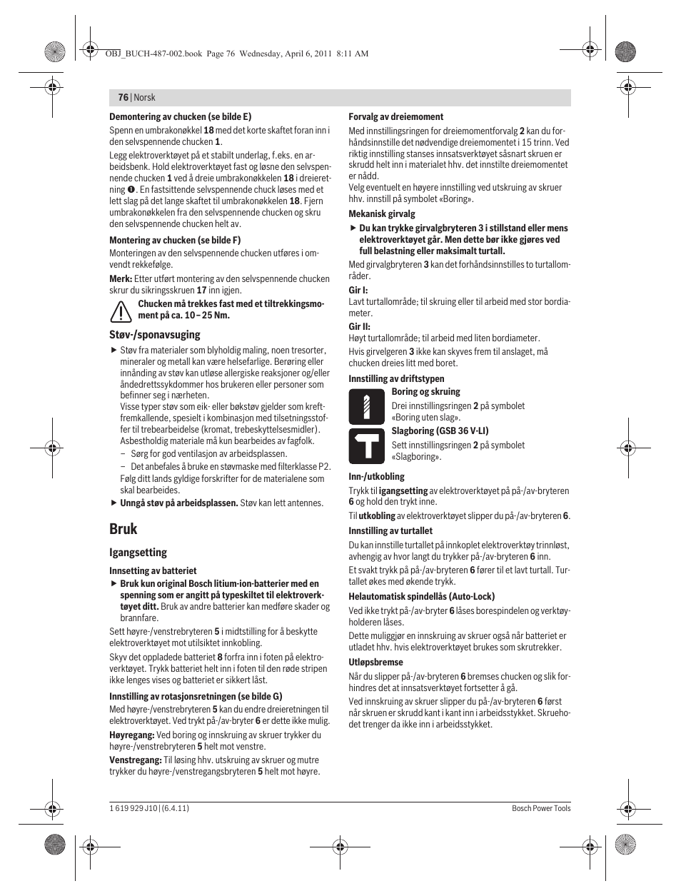 Bruk | Bosch GSR 36 V-LI Professional User Manual | Page 76 / 217