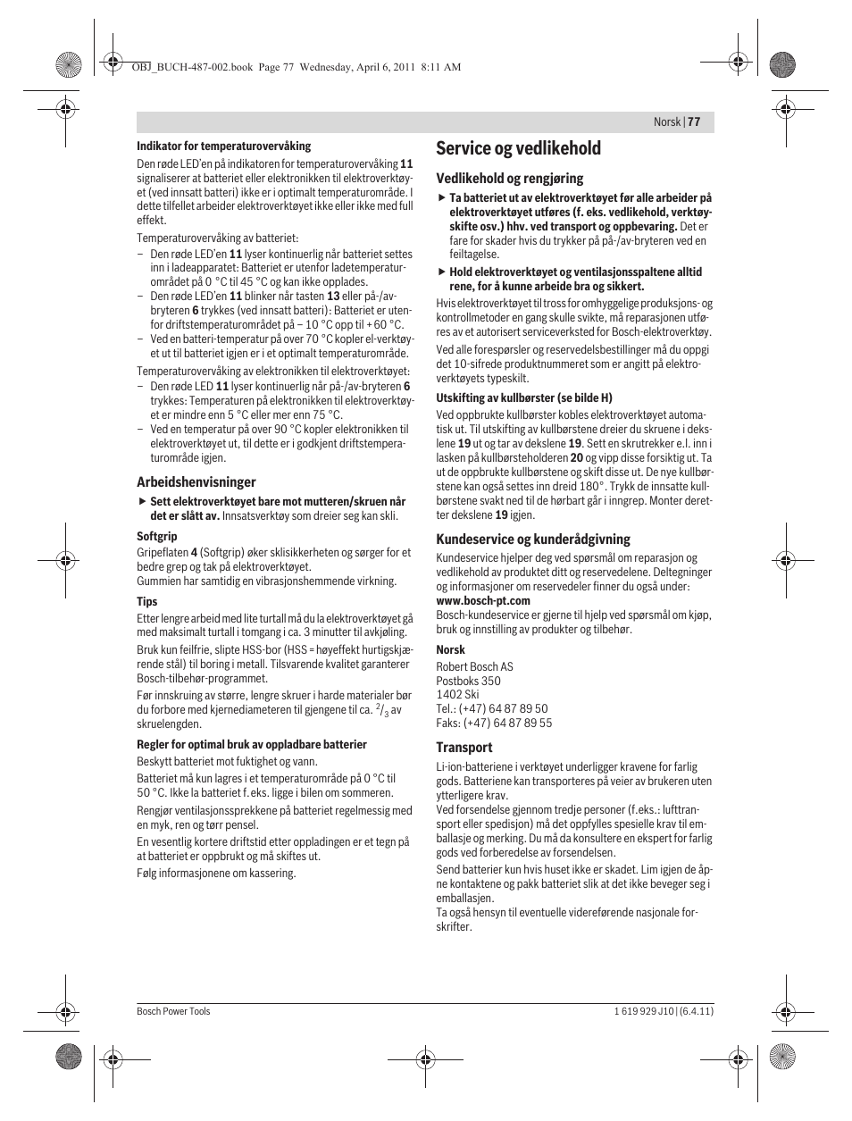 Service og vedlikehold | Bosch GSR 36 V-LI Professional User Manual | Page 77 / 217