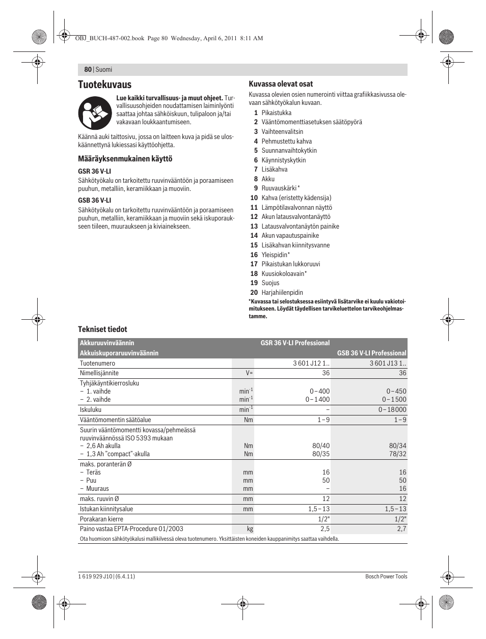 Tuotekuvaus | Bosch GSR 36 V-LI Professional User Manual | Page 80 / 217