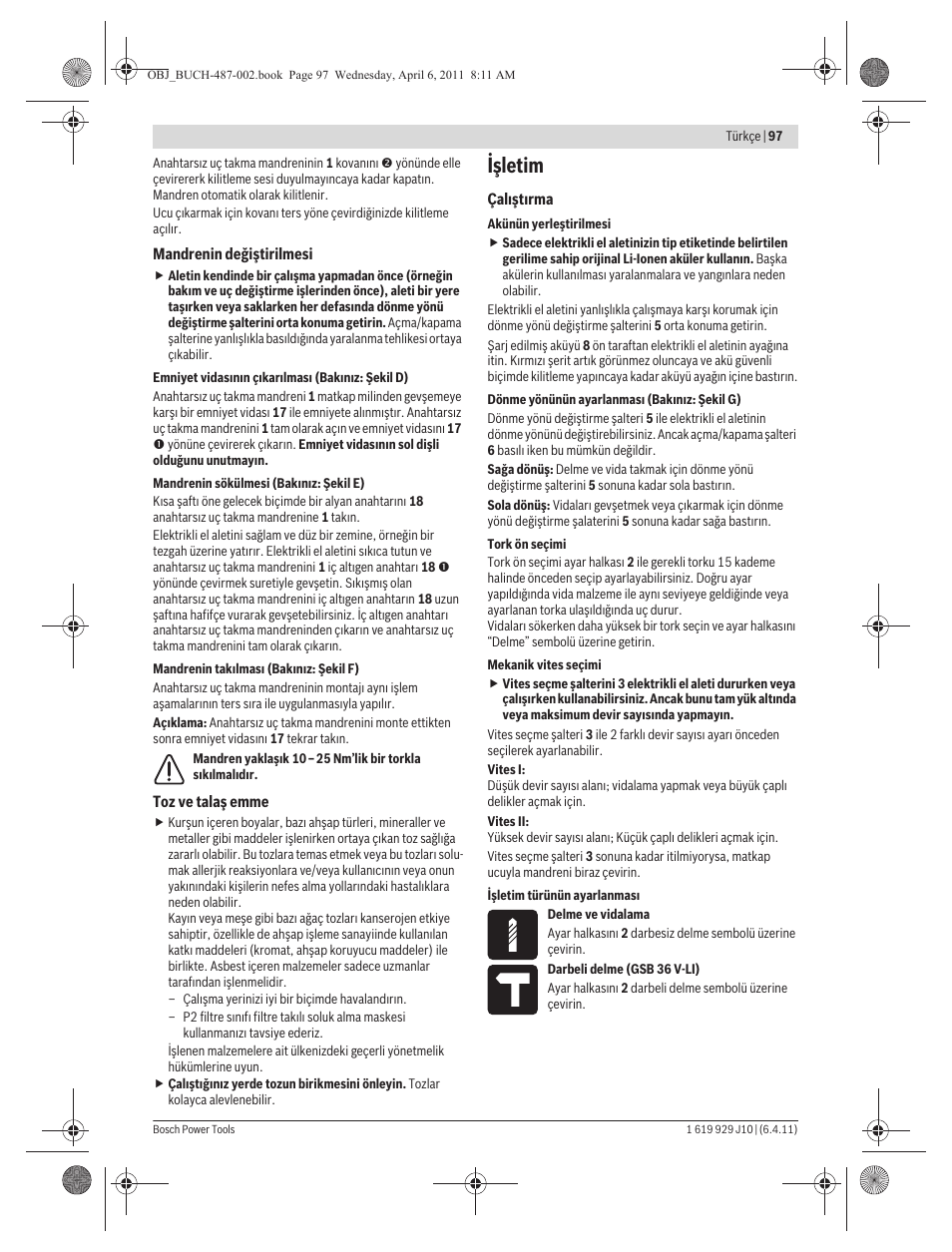 Işletim | Bosch GSR 36 V-LI Professional User Manual | Page 97 / 217