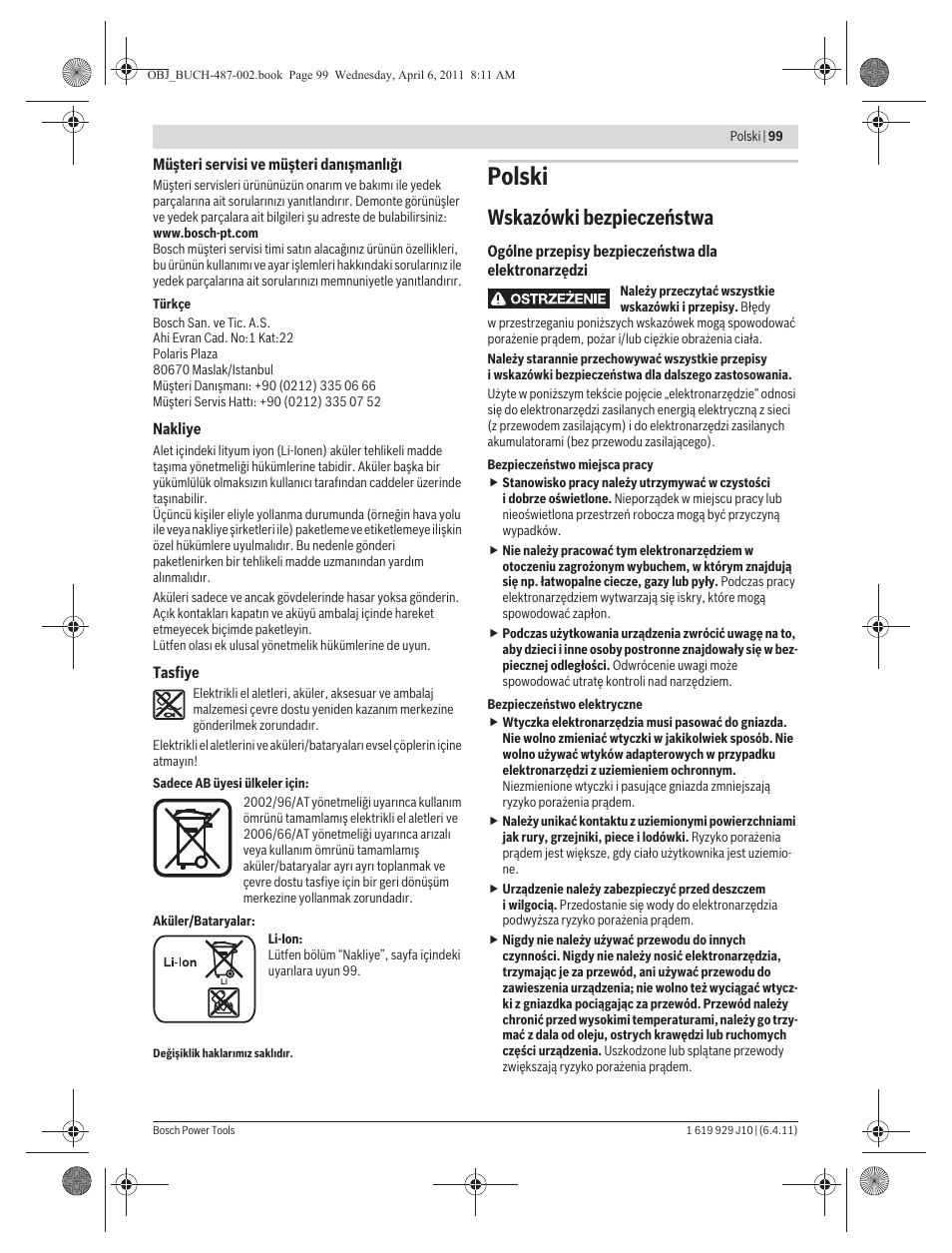 Polski, Wskazówki bezpieczeństwa | Bosch GSR 36 V-LI Professional User Manual | Page 99 / 217