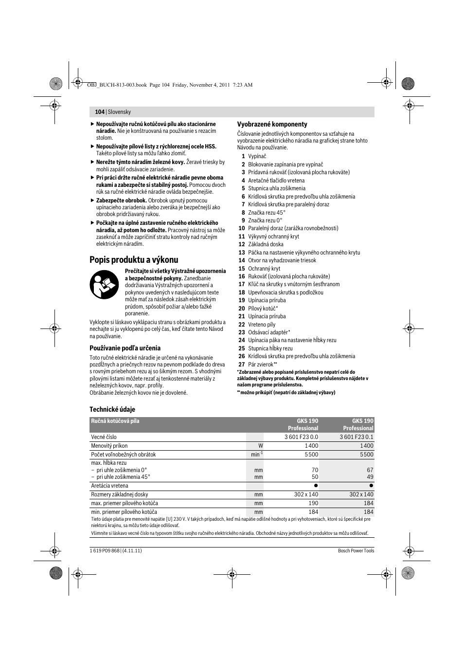 Popis produktu a výkonu | Bosch GKS 190 Professional User Manual | Page 104 / 193