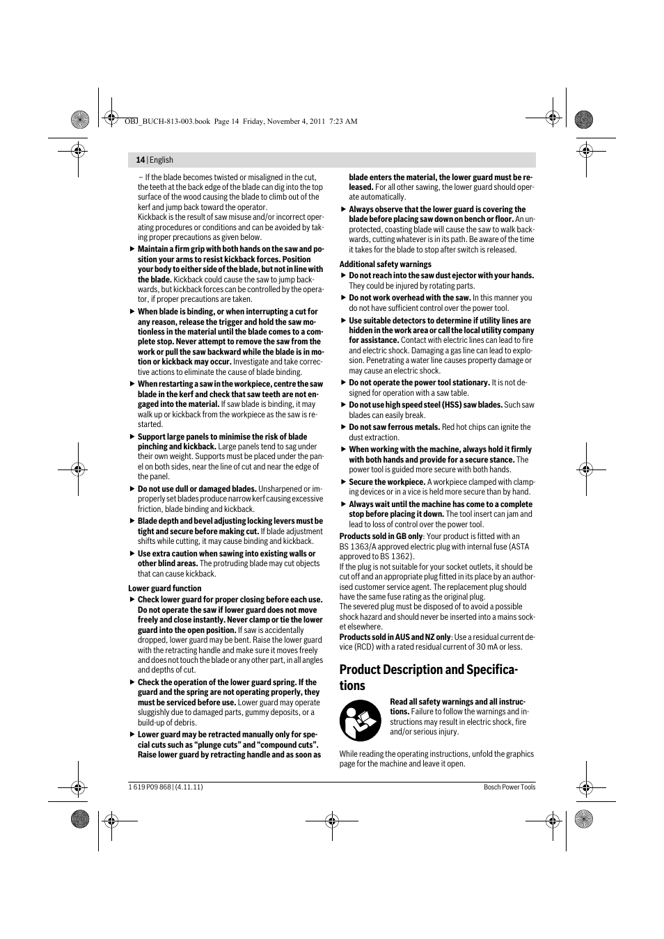Product description and specifica- tions | Bosch GKS 190 Professional User Manual | Page 14 / 193