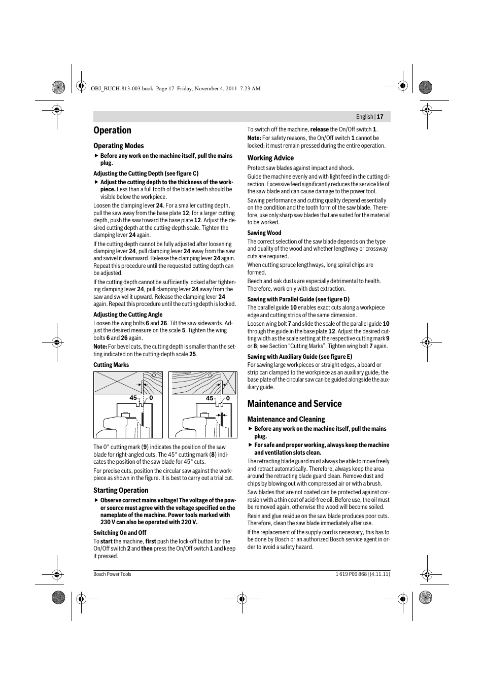 Operation, Maintenance and service | Bosch GKS 190 Professional User Manual | Page 17 / 193