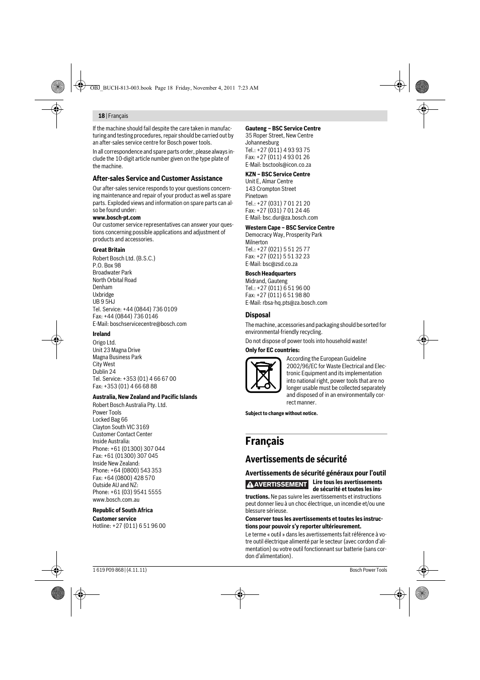 Français, Avertissements de sécurité | Bosch GKS 190 Professional User Manual | Page 18 / 193