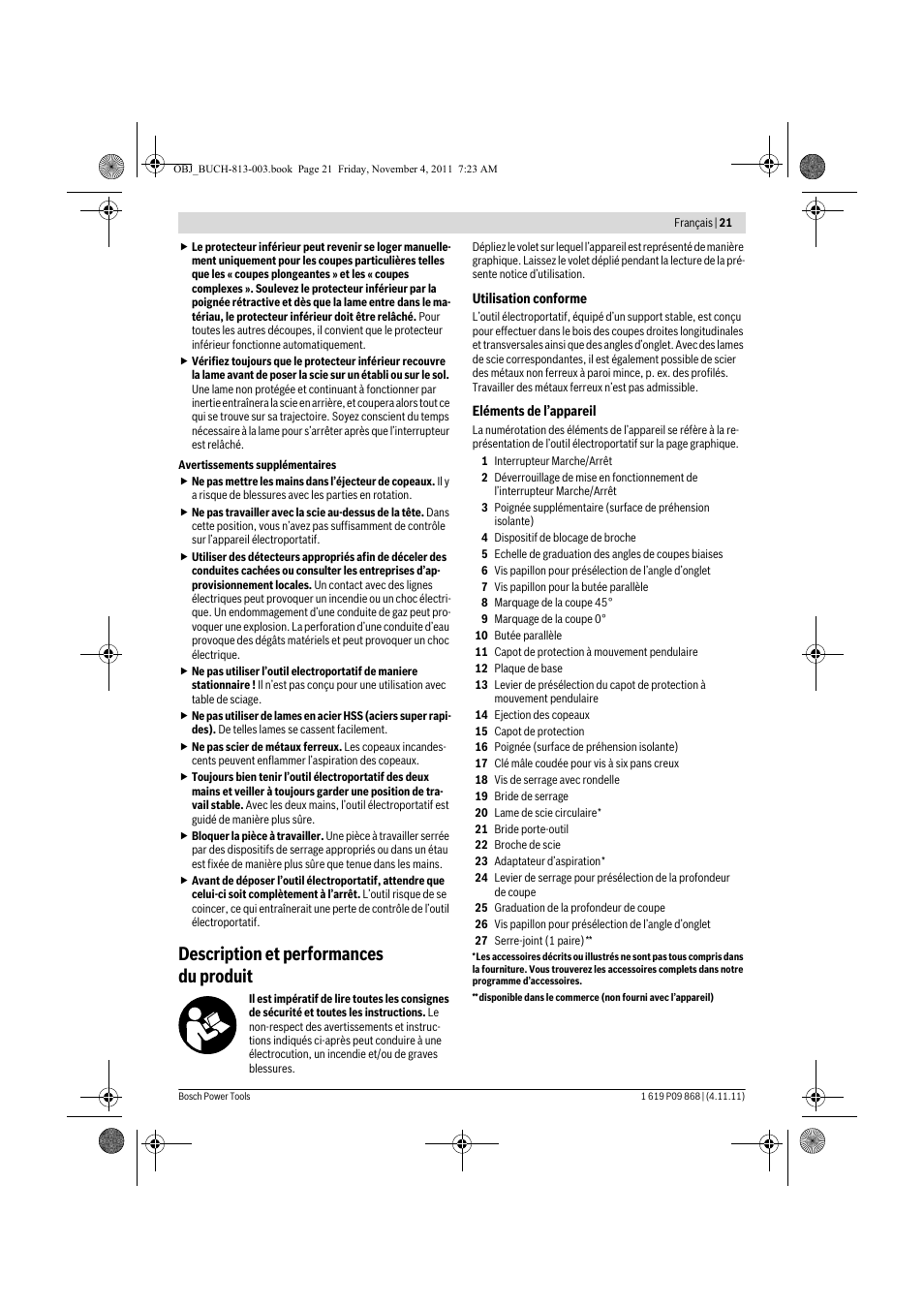 Description et performances du produit | Bosch GKS 190 Professional User Manual | Page 21 / 193