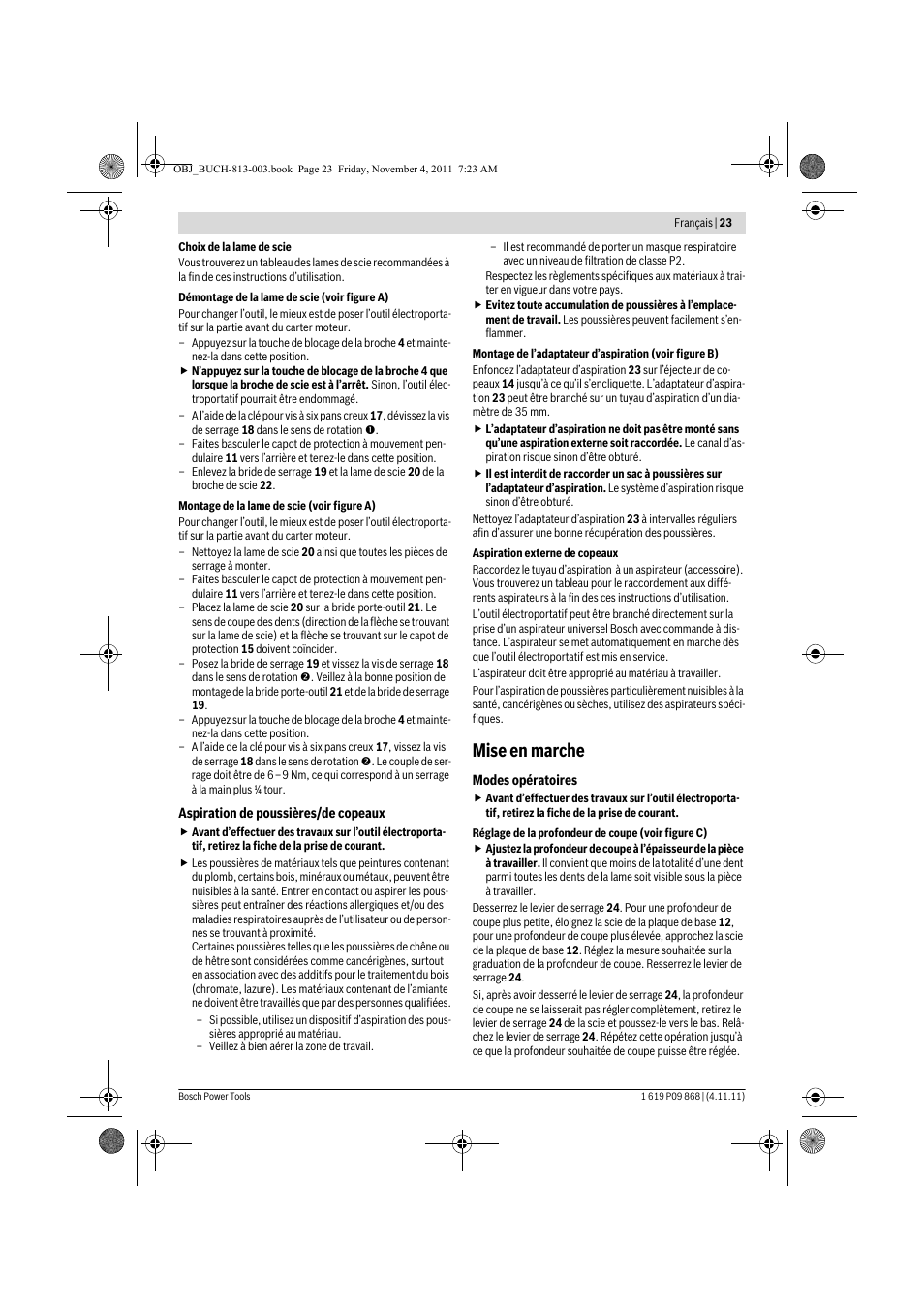 Mise en marche | Bosch GKS 190 Professional User Manual | Page 23 / 193