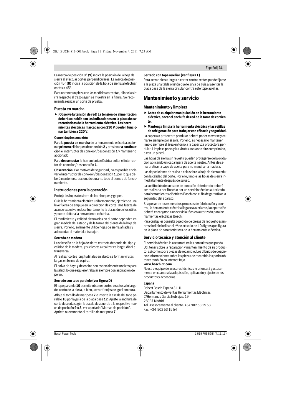 Mantenimiento y servicio | Bosch GKS 190 Professional User Manual | Page 31 / 193