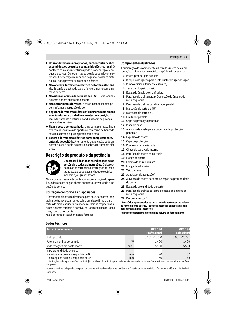 Descrição do produto e da potência | Bosch GKS 190 Professional User Manual | Page 35 / 193