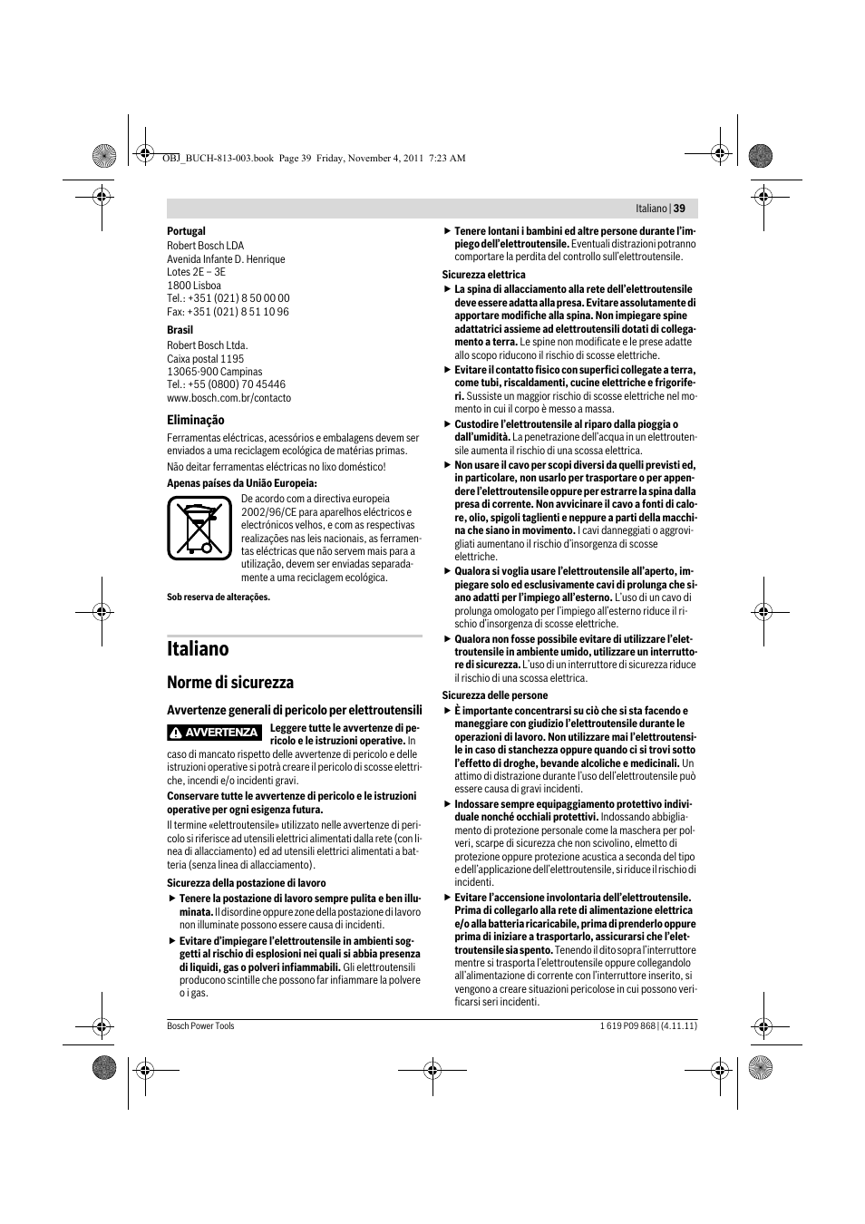 Italiano, Norme di sicurezza | Bosch GKS 190 Professional User Manual | Page 39 / 193