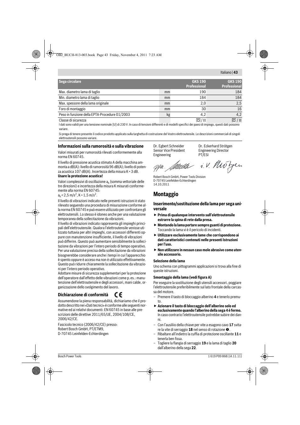 Montaggio | Bosch GKS 190 Professional User Manual | Page 43 / 193