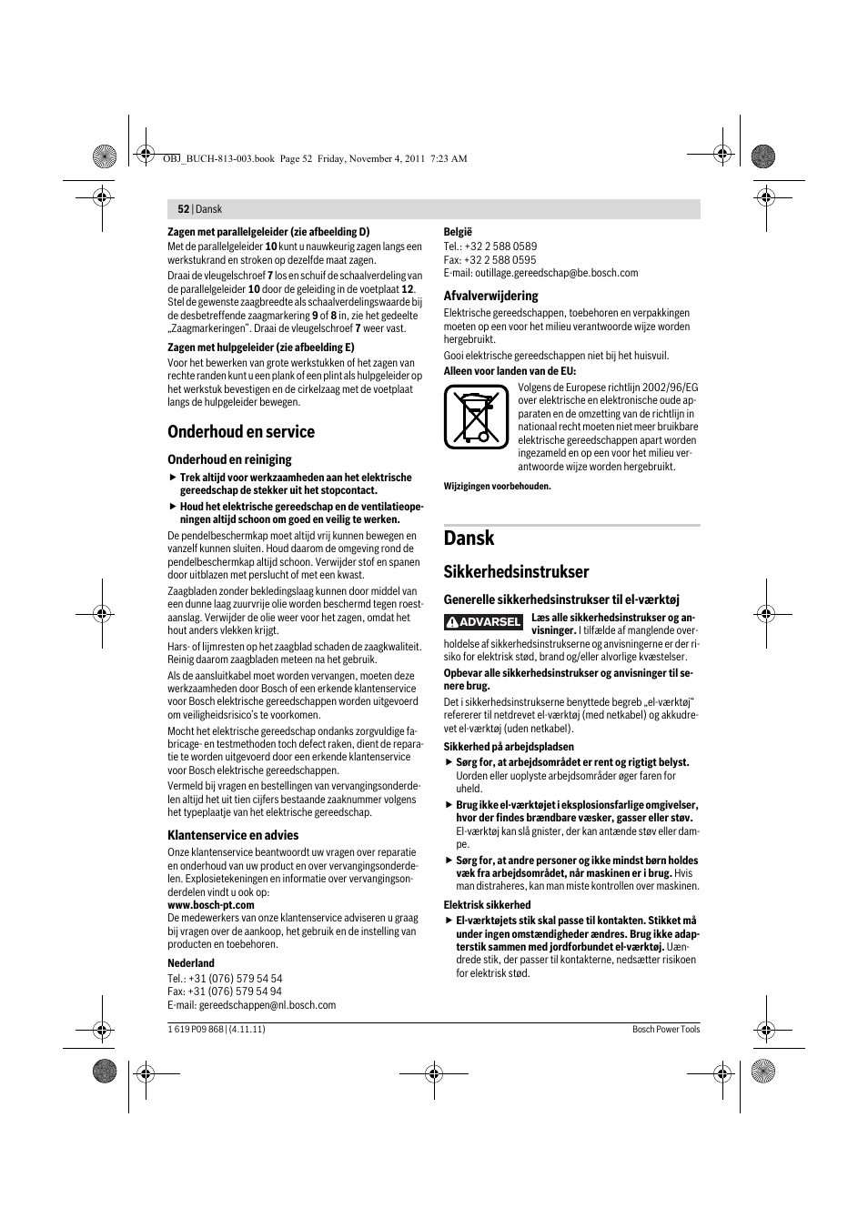 Dansk, Onderhoud en service, Sikkerhedsinstrukser | Bosch GKS 190 Professional User Manual | Page 52 / 193