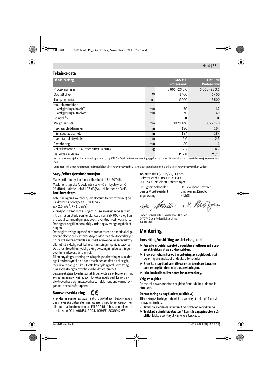 Montering | Bosch GKS 190 Professional User Manual | Page 67 / 193