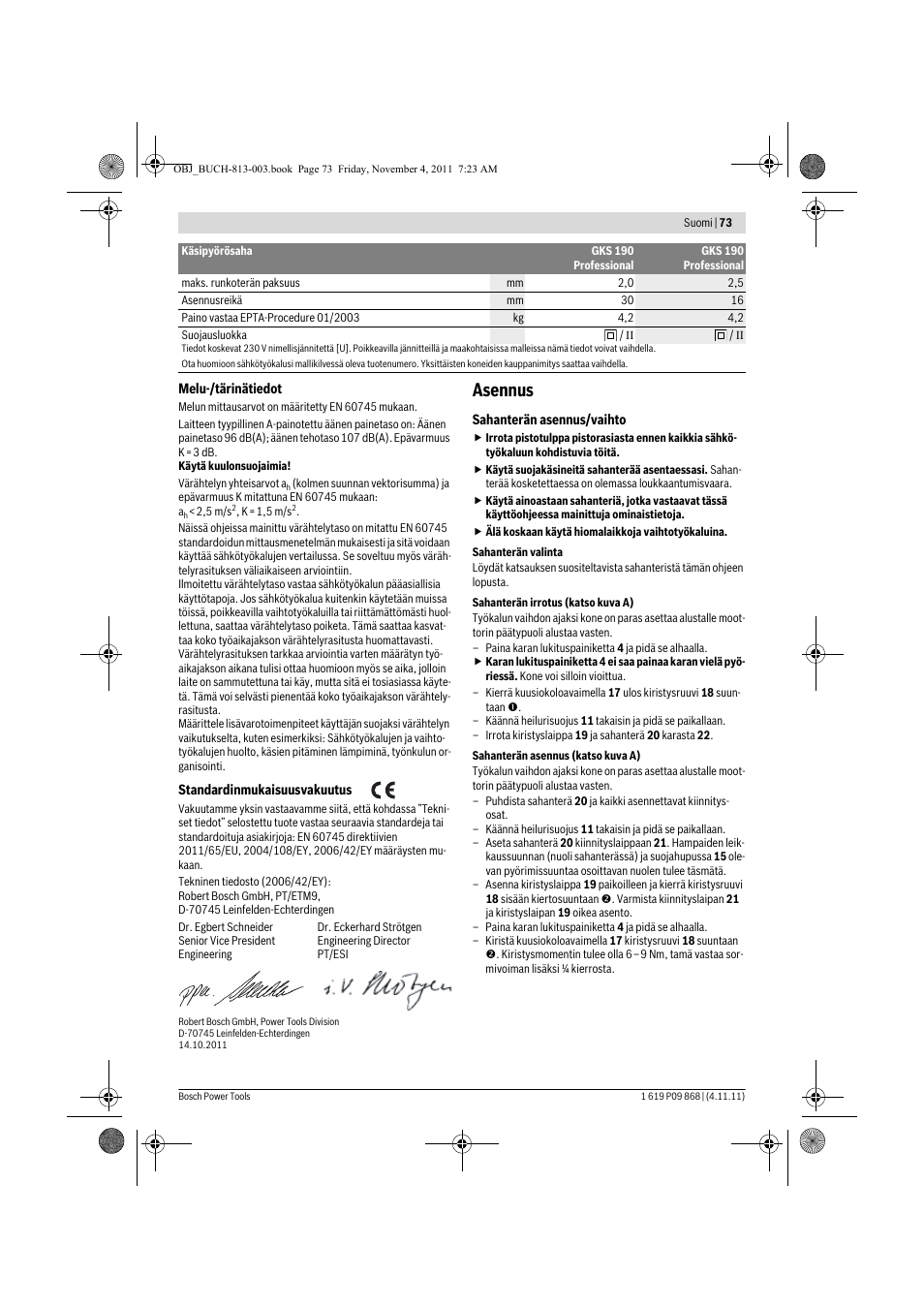 Asennus | Bosch GKS 190 Professional User Manual | Page 73 / 193
